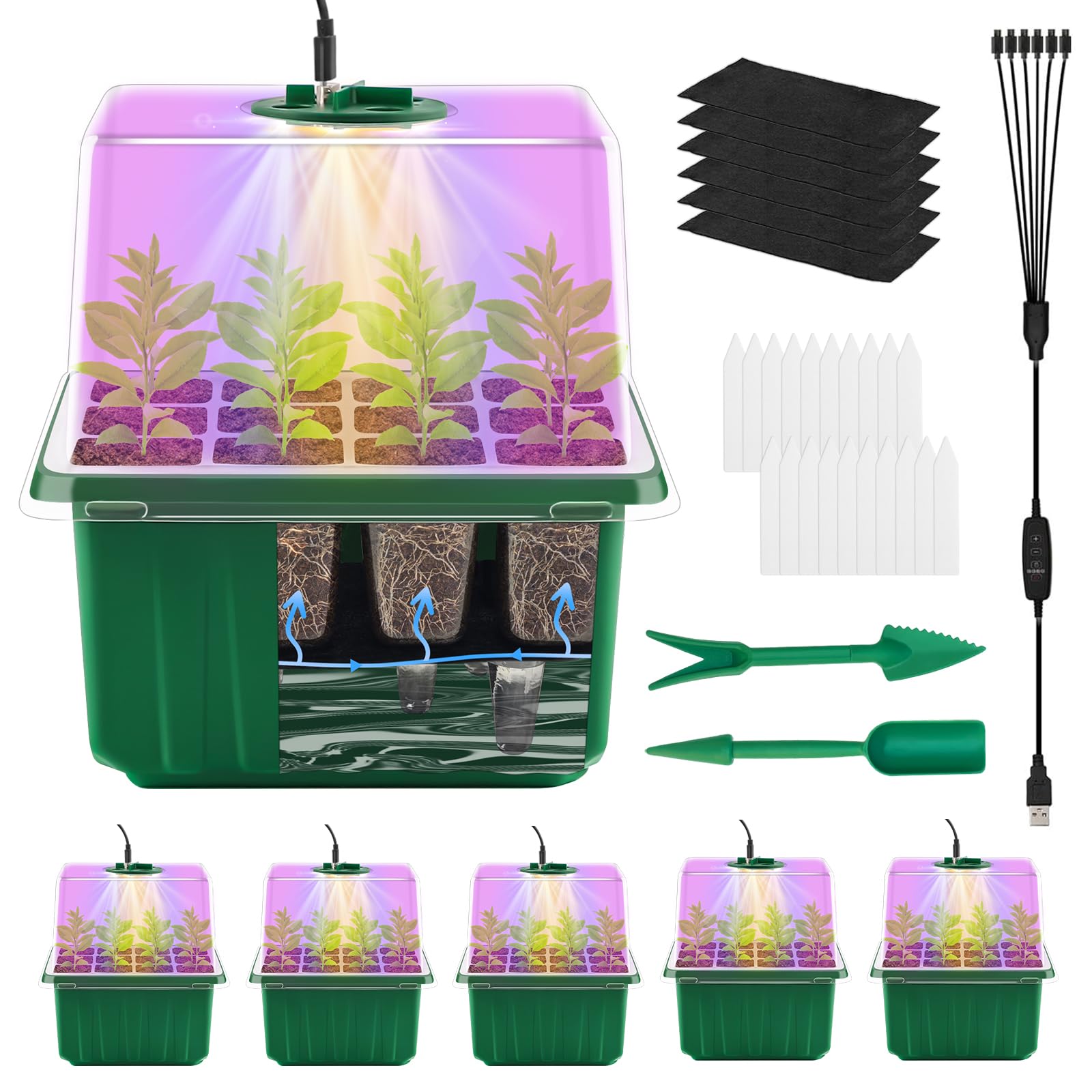 DOUUCO Seed Starter Kit - 6 Pack 72 Cells Propagator Trays With Grow Lights, Timer, Adjustable Humidity Dome, Thicken Seedling Trays for Greenhouse