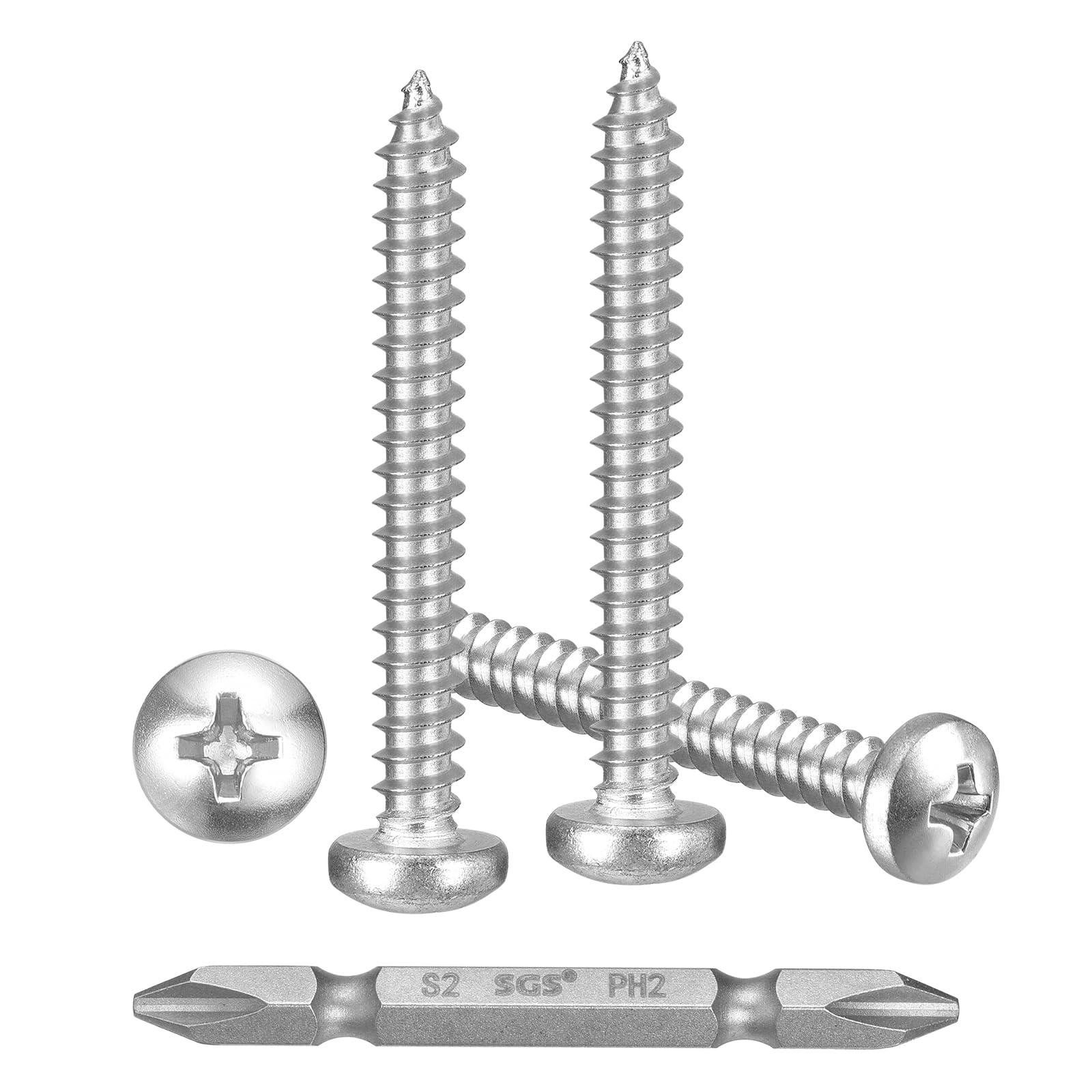 METALLIXITY Phillips Pan Head Self Tapping Screws(#10x1") 150Pcs, 304 Stainless Steel Self Drilling Screw for Metal Wood Plastic with Bit, for Cabinet Wall Shutter Plate Rock Furniture, Silver