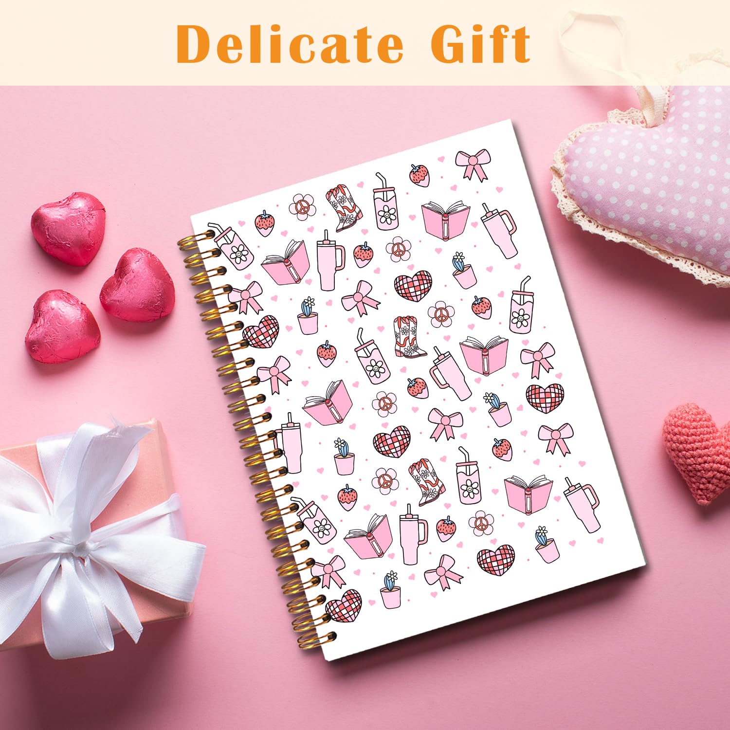 JINYO Taccuino carino da ragazza, Coquette Pink Bow Strawberry Journal, diario estetico preppy per donne, forniture per ufficio Coquette Girly, quaderni a spirale preppy da 14 x 20 cm