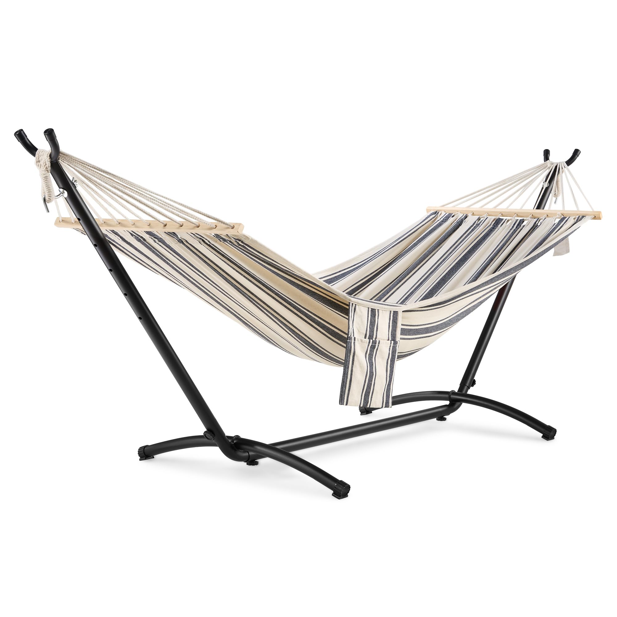 VonHaus Hammock with Stand - Freestanding 1 Person Striped Hammock Seat with Steel Frame - Polycotton Material & Adjustable Frame for Garden - Travel Bag for Beach, Camping & Outdoors - Blue & White