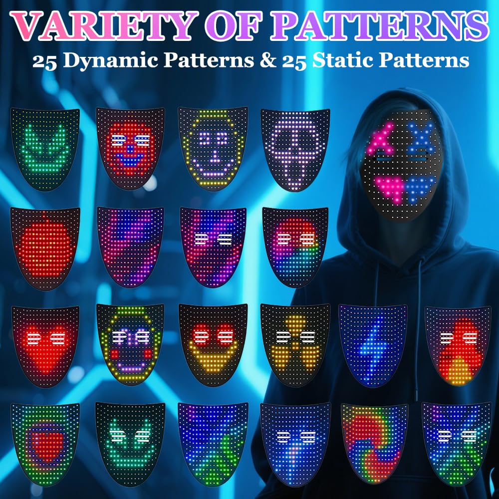 Máscara LED con detección de gestos, máscara iluminada de Halloween, máscaras transformadoras faciales con luz LED con 50 imágenes, máscaras luminosas LED digitales para Halloween, cosplay