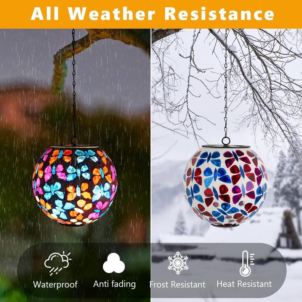 Solar Hanging Lanterns Red Blue Glass Mosaic Gazing Ball Globe Hanging Lantern Lights Outdoor Waterproof for Patio Garden Yard Home Decor (Colorful Butterfly)