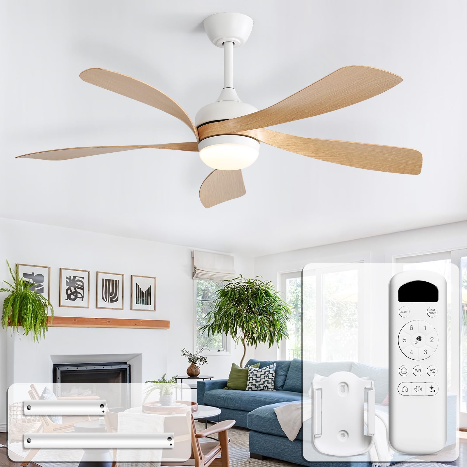 CACI Mall 52 Inch Ceiling Fans with Lights and Remote, modern, Outdoor ceiling fan with 6-Speed, 5 Blades, 2 Downrods, 3 CCT, Timer, Quiet Reversible DC Motor for Living Room, Bedroom, Patios