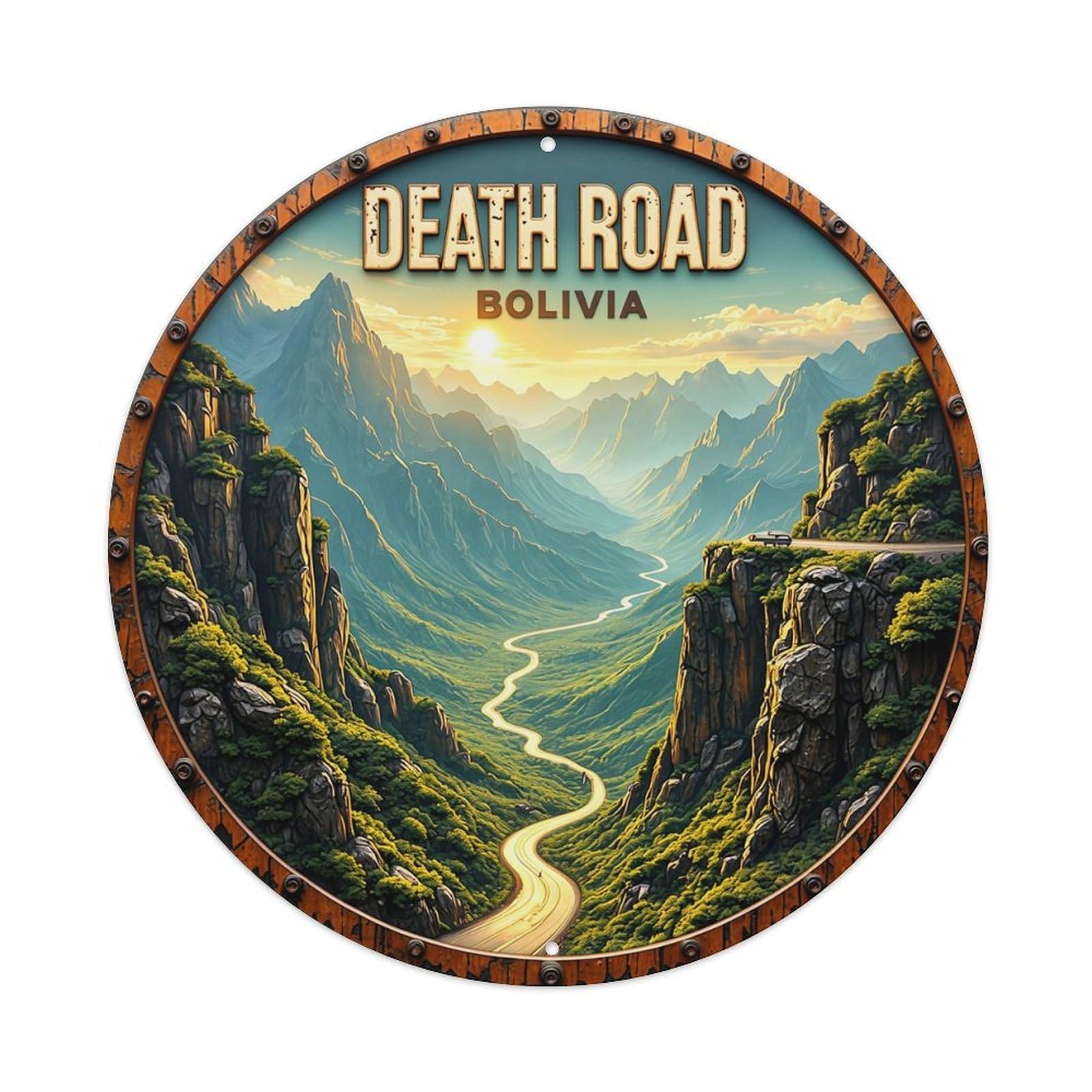 Mountain Road Valley Sunset Peaks Retro Metal Sign Round Tin Sign, Vintage Decor Art Poster for Bar, Home, Man Cave, Kitchen, Laundry Room Gift 8x8Inch