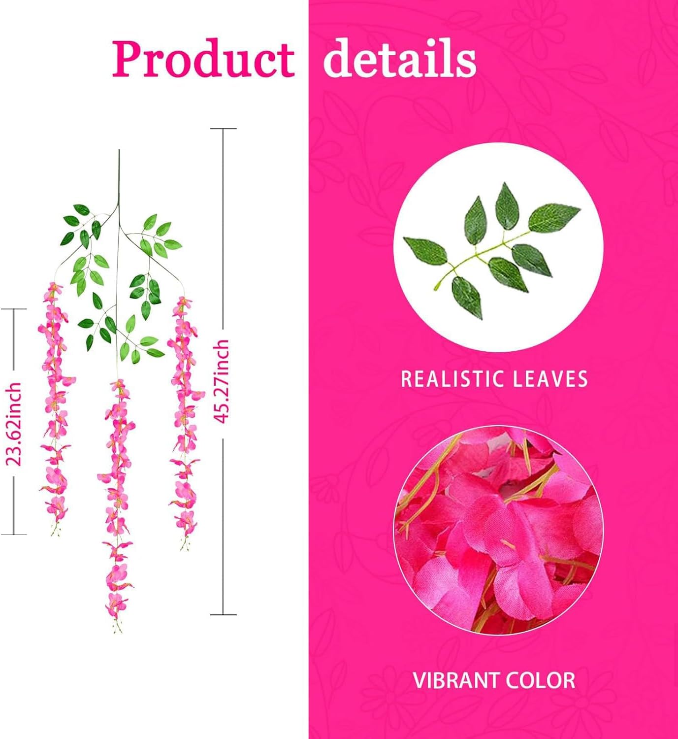 Pink Wisteria Flower Vines, 3.8 Feet Pink Wisteria Hanging Flowers Garland, 12 Pack (Pink)