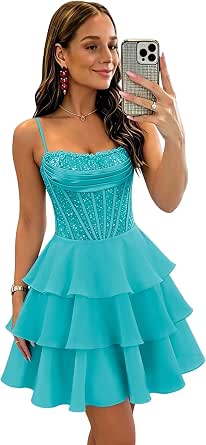 Sparkly Sequin Homecoming Dress 2026 Corset Tiered Chiffon Short Prom Dress