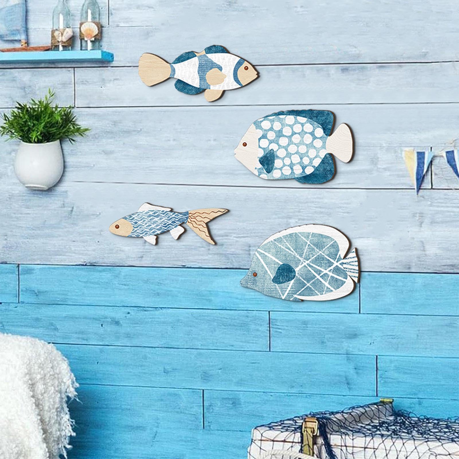 6 Pesci In Legno Per Decorazione Da Parete Stile Spiaggia, 150x120 Mm