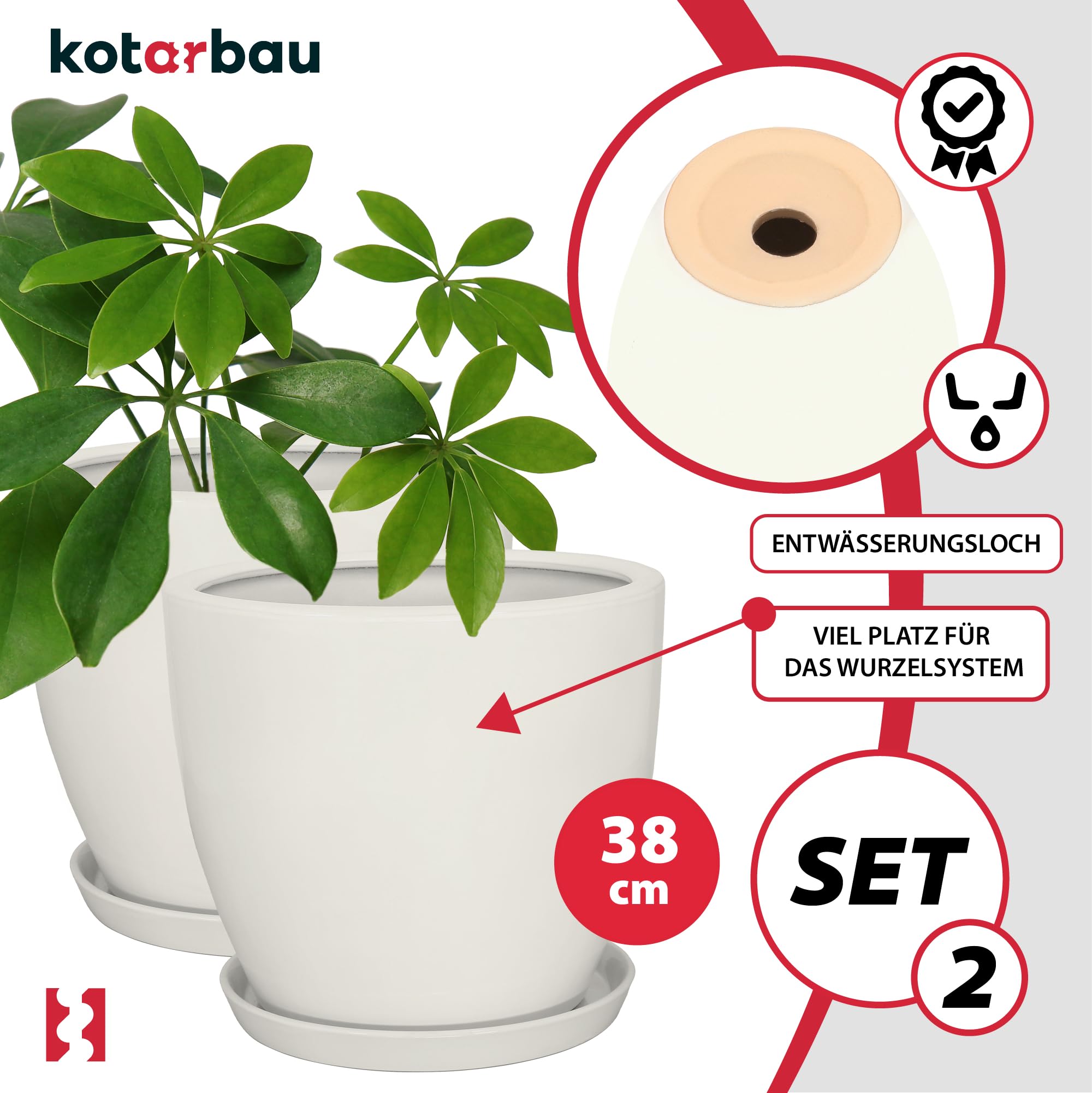 KOTARBAU® 2 szt. Donica z Podstawką Biała ⌀ 38 cm Ceramika szkliwiona Doniczka na Kwiaty i Zioła Osłonka na Rośliny