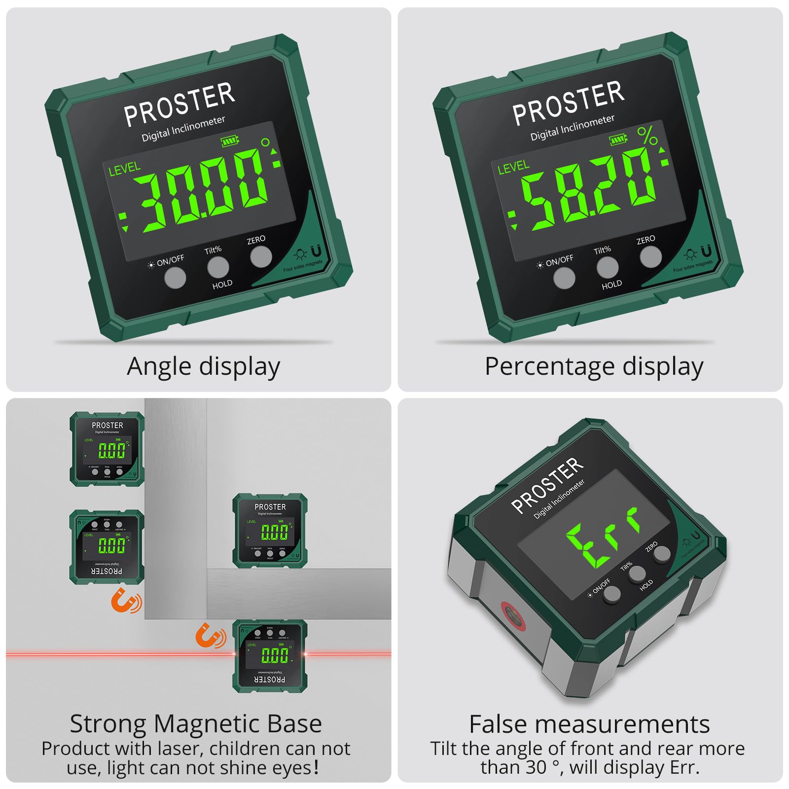 Proster Digitaler Laser- Neigungsmesser Winkelmesser Digital Wasserwaage Laser Winkelmesser - Präzise Magnetisch Wiederaufladbar LCD Display Messgerät für Bau Holz Tischler Werkstatt Profi