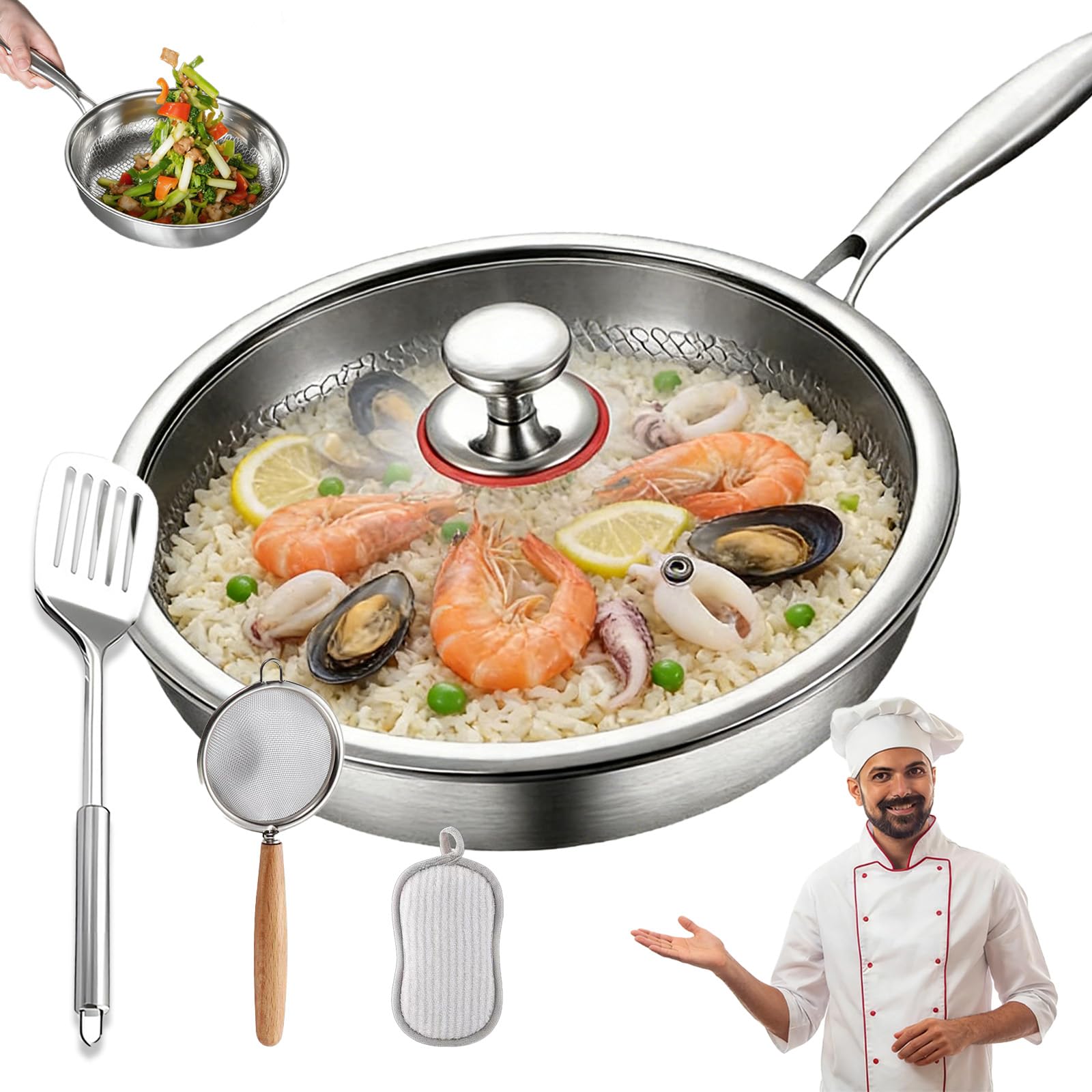 Sartén Titanio Puro, Sartén de Titanio con Tapa y Espátula, Libre de PTFE y PFOA, Antiadherente y Resistente a los Arañazos, Apta para Todo Tipo de Cocinas (Con tapa, 28cm)