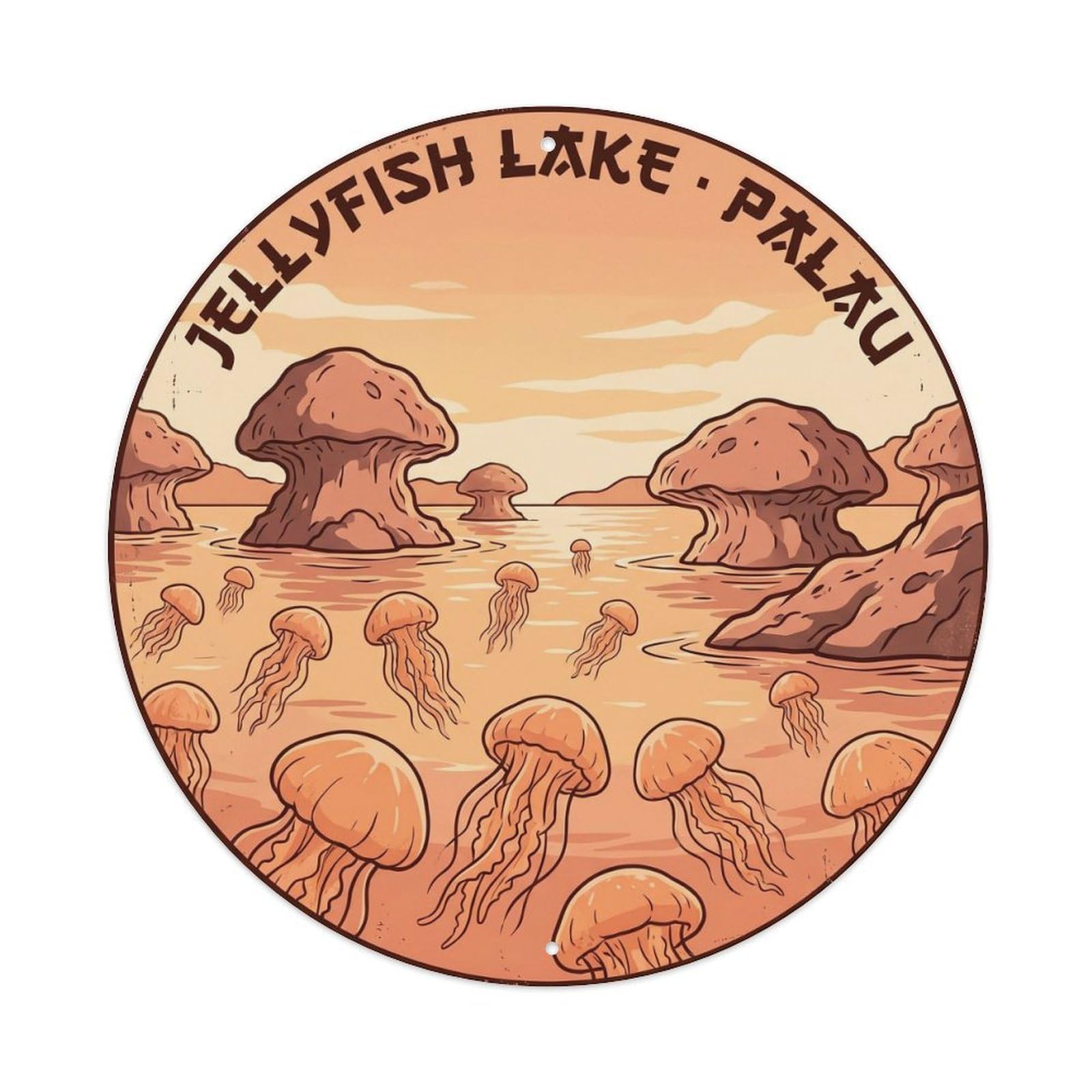 Olyhtr 8X8inch Classic Style Woodblock Palau Jellyfish Lake Warm Sunset Peach Metal Tin Sign
