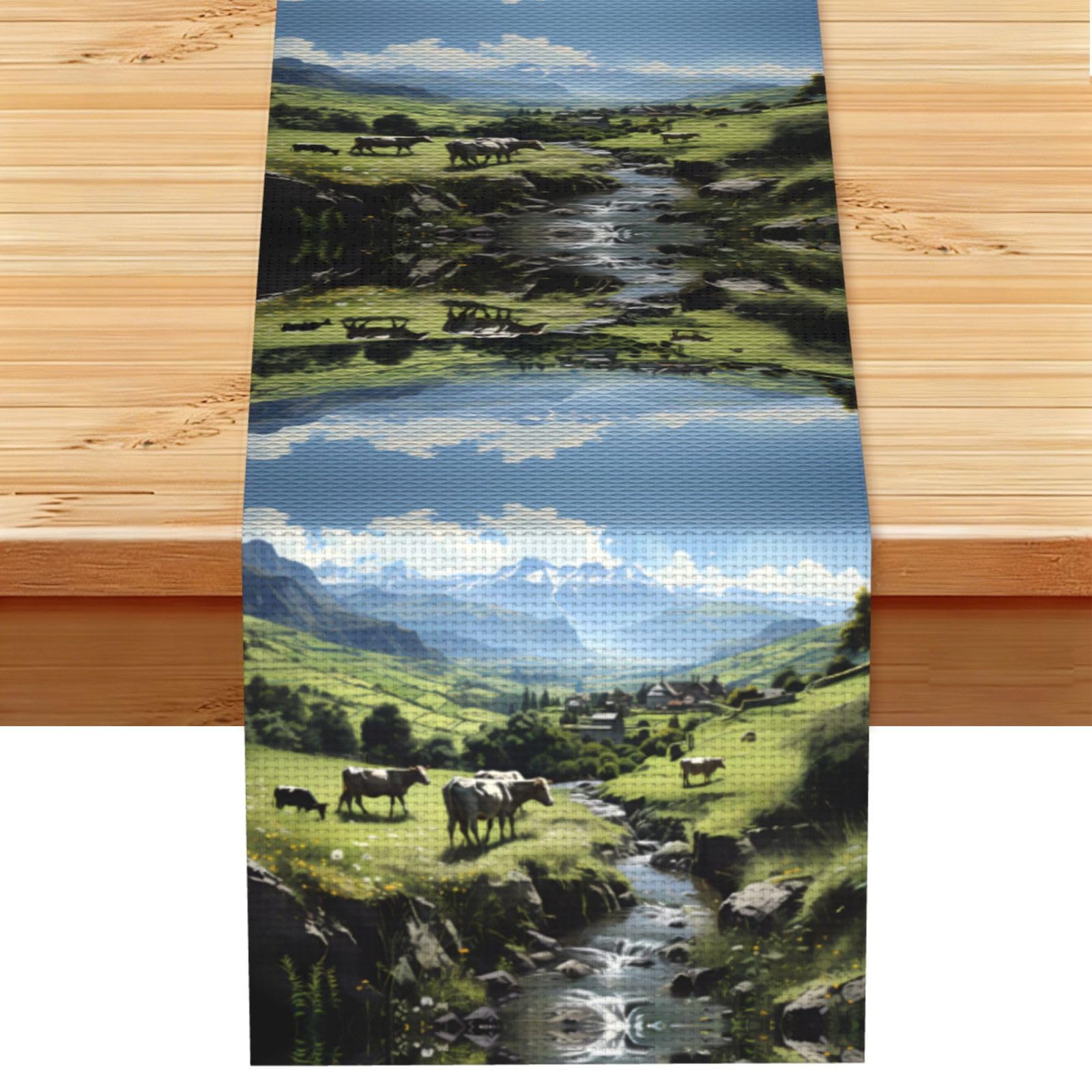 Alpine Farm Cows Linen Feel Table Runner Wedding Party Home Decoration