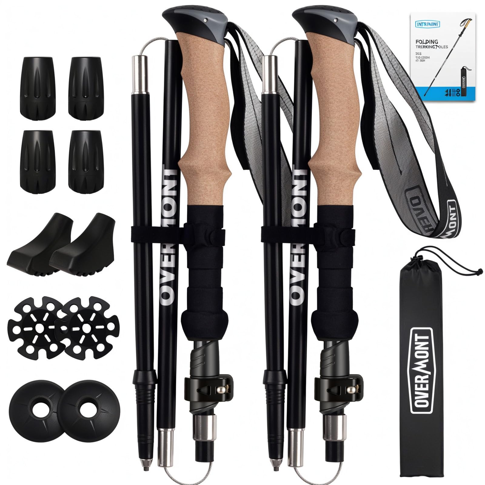 OVERMONT 2 Bâtons de Trekking Pliables en Aluminium, 105–125 cm, Noir