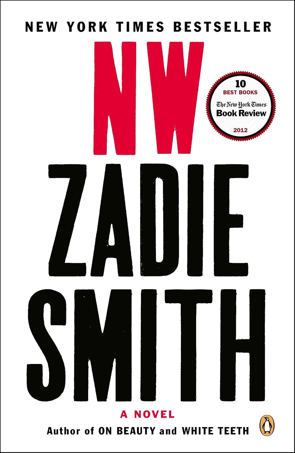 Cover for the novel NW by Zadie Smith. The book's title in red atop the author's name in black all-caps, on a white background.
