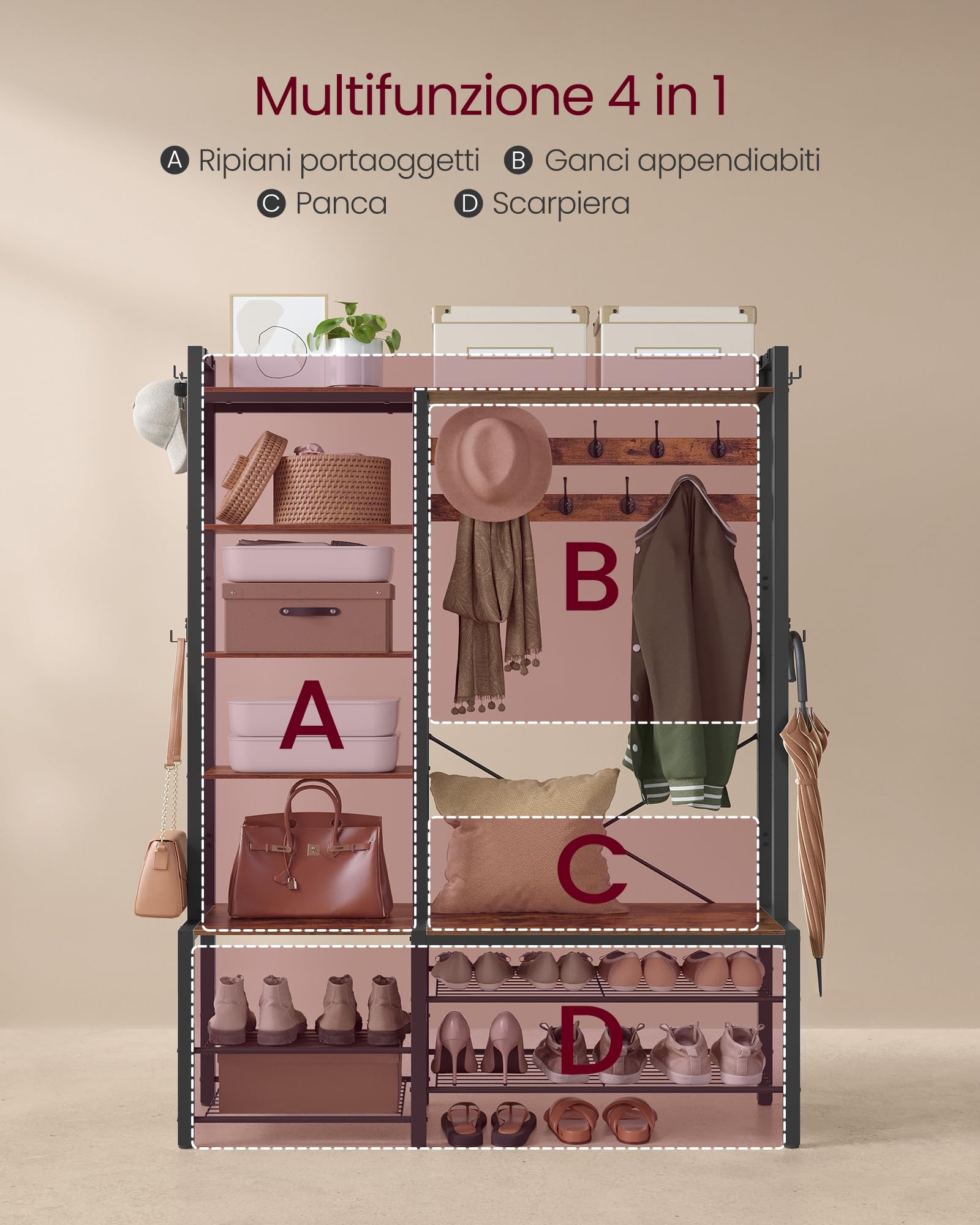 VASAGLE Appendiabiti Ingresso con Panca Scarpiera e 5 Ripiani Portaoggetti, 9 Ganci Attaccapanni e 6 Ganci Laterali, 40 x 120 x 190 cm, Marrone Vintage e Nero Inchiostro HSR426B01