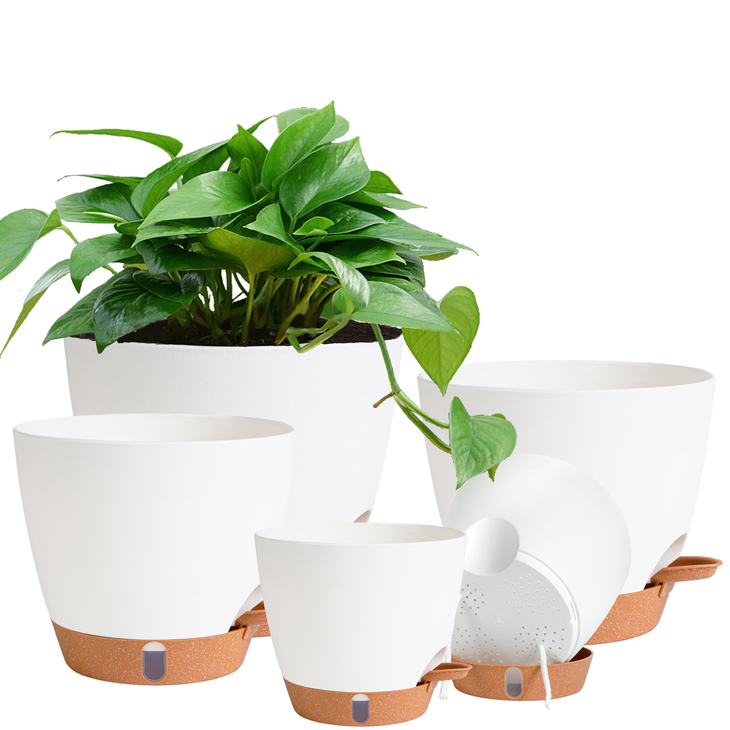 Macetas de riego automático para plantas de exterior Inoor de 8/7/6.5/6/5 pulgadas, macetas de plástico con agujeros de drenaje e indicador de nivel de agua, macetas decorativas con platillos