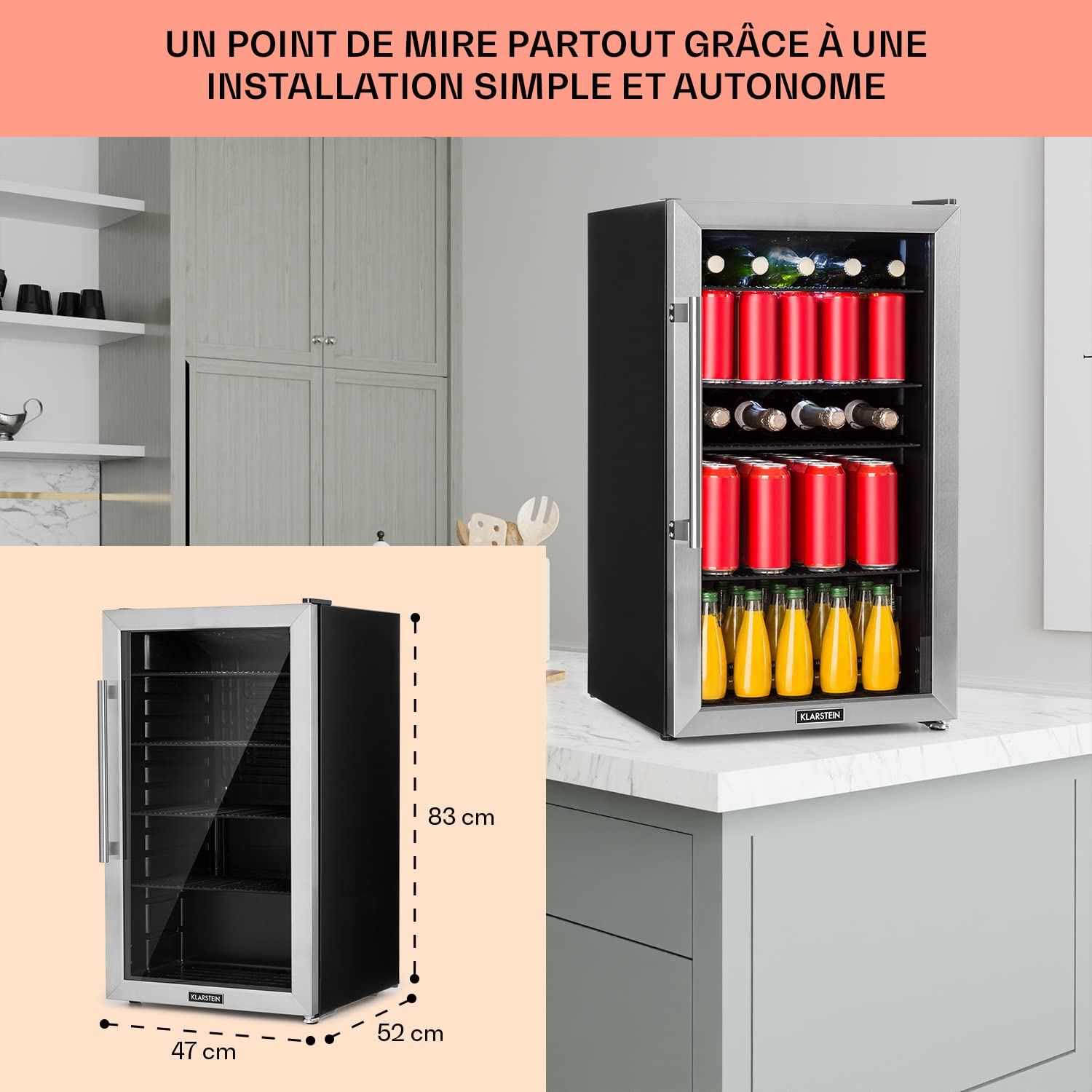 KLARSTEIN Beersafe Réfrigérateur à Boissons 98 L – Frigo avec Porte Vitrée, Noir | Éclairage LED, étagères métalliques amovibles, silencieux, pour boissons et canettes