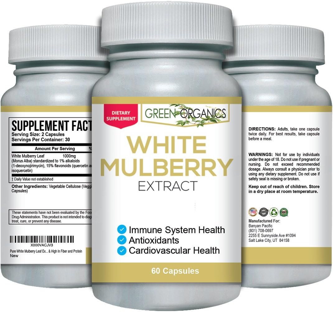 Pure White Mulberry Leaf Extract - Premium 1000mg - Natural Blood Sugar Stabilizing & Weight Loss Support Supplement - Antioxidant Rich & High in Fiber and Protein