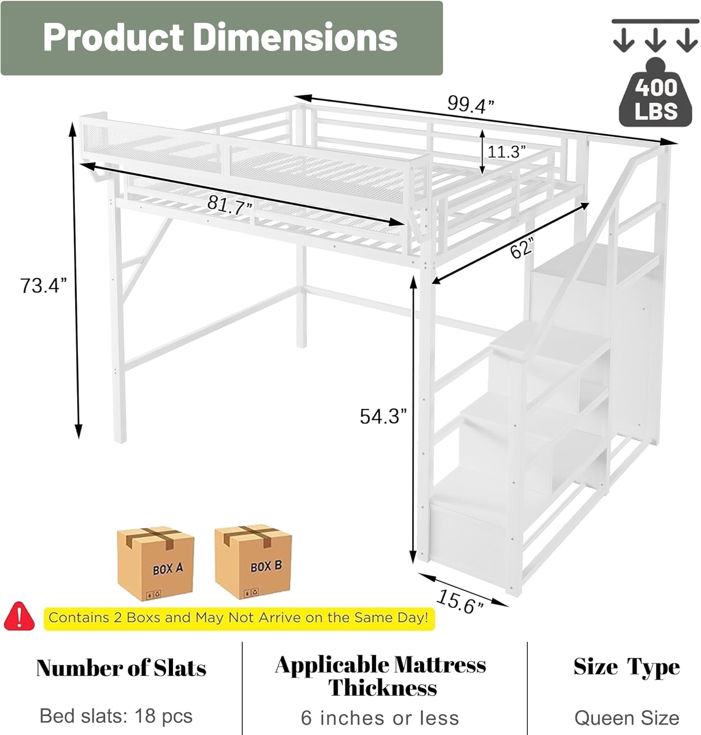 Queen Loft Bed with Stairs, Metal Loft Beds Queen Size Adults with Storage Shelves and Wardrobe, Heavy Duty High LoftBed for Teens, No Box Spring Needed, No Noise,White