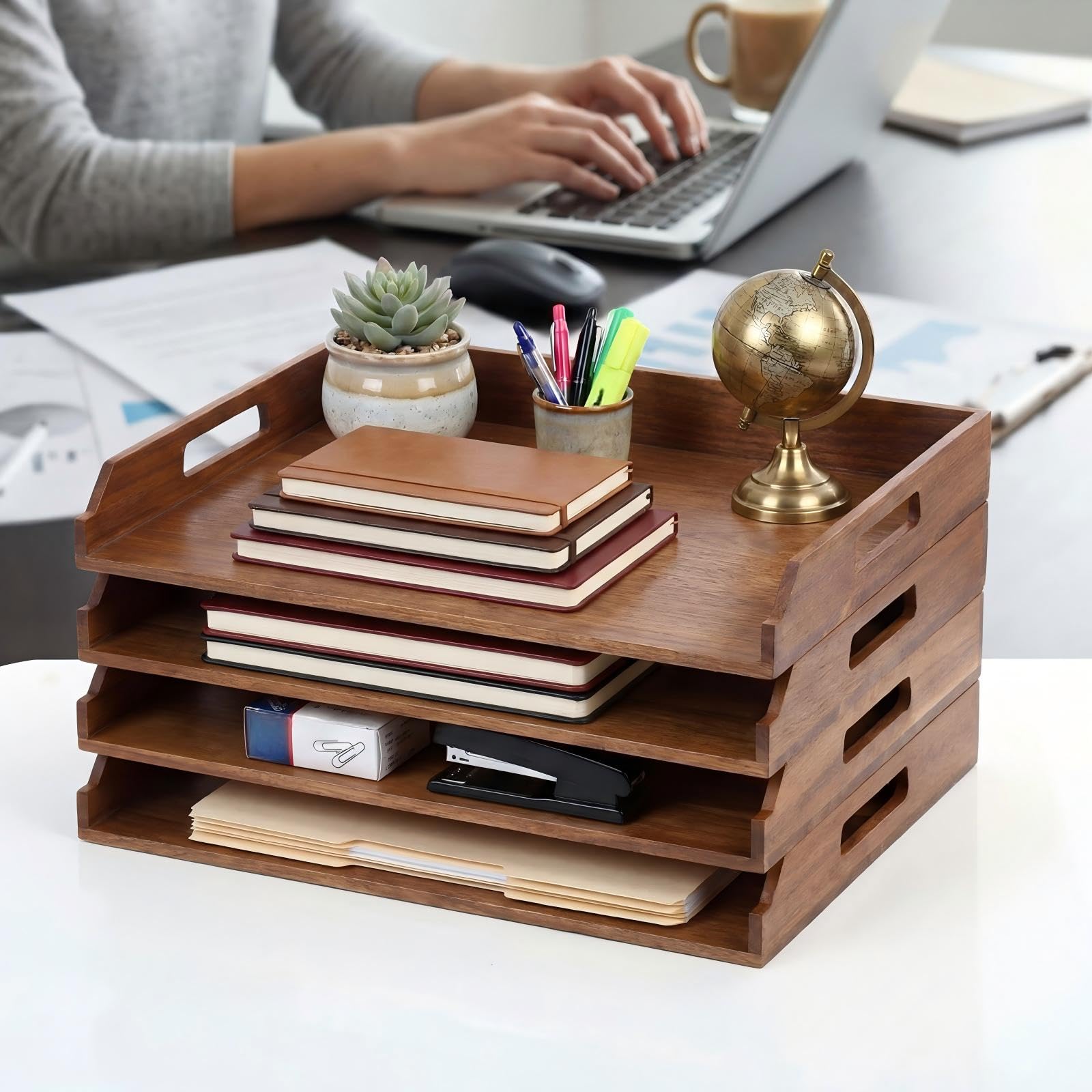 AceOrbit 4 bandejas de papel apilables de madera de bambú, organizador de escritorio, bandeja de cartas, organizador de archivos de madera de 4 niveles, estante de escritorio para documentos