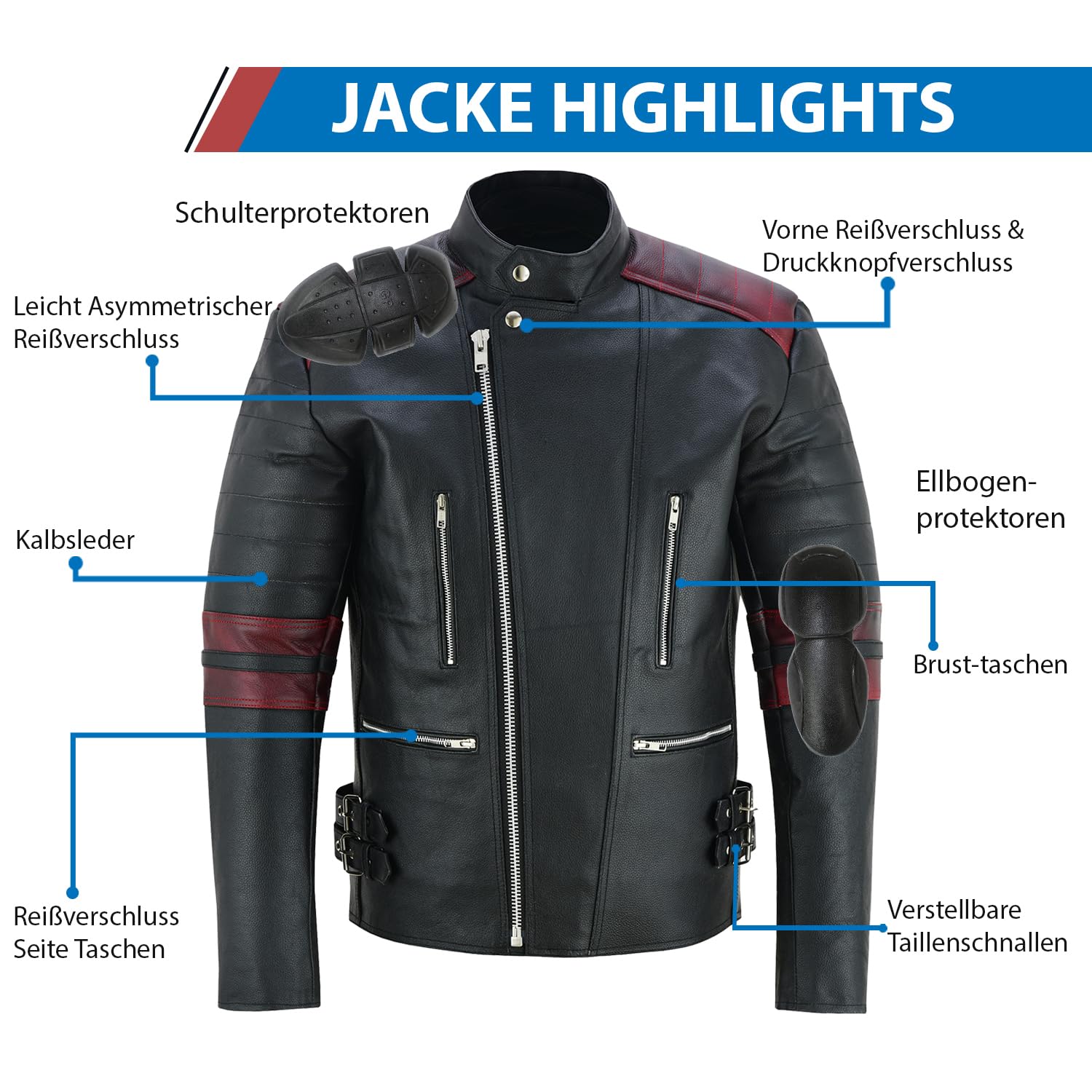 German Wear Leder Motorradjacke Oldschool Retro, Schwarz/Weiß