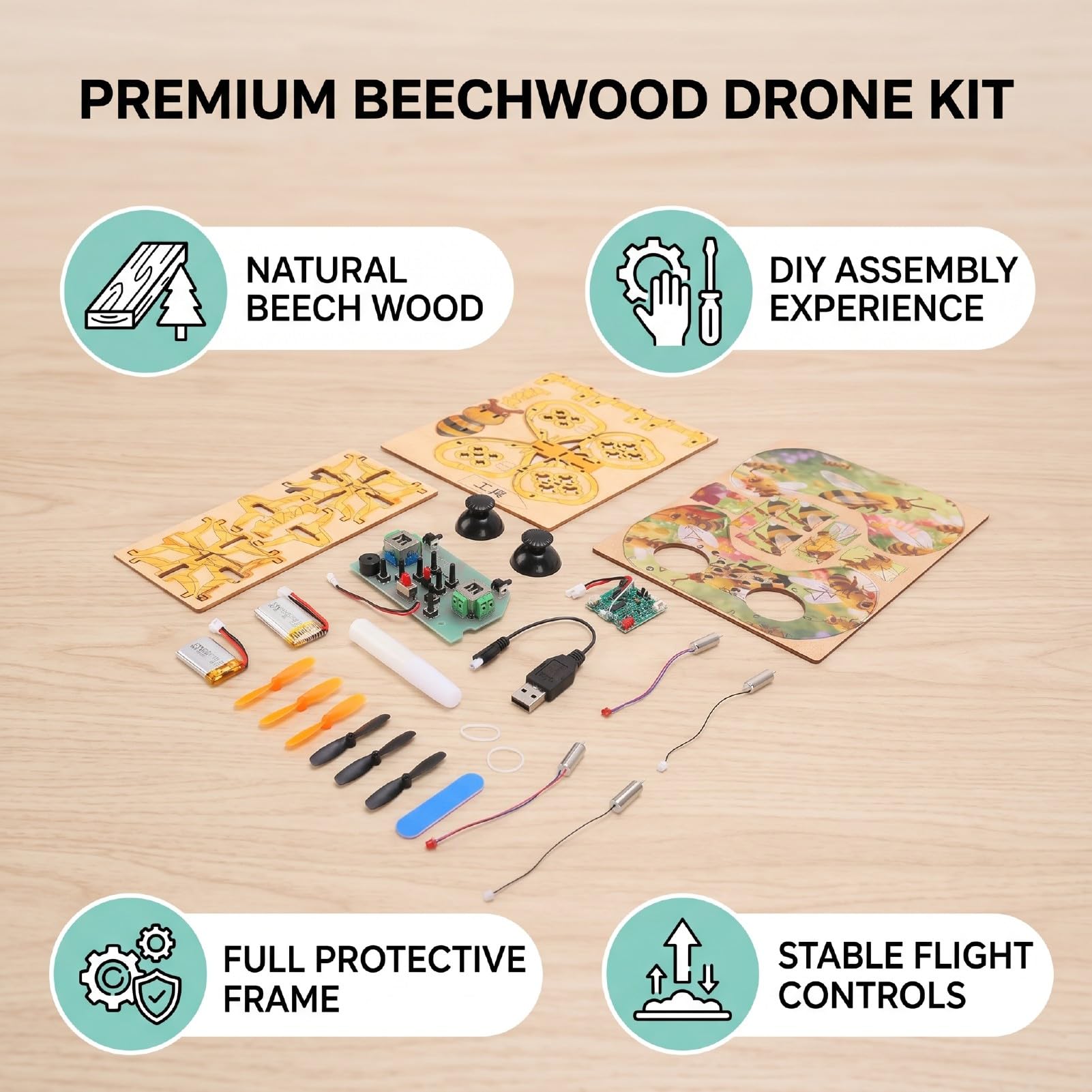 Sxhlseller Kit Drone RC in Legno Giocattolo di Assemblaggio Fai-da-te |Quadricottero in Legno di Faggio con modalità Senza Testa e Telaio Protettivo, Velivolo a 3 velocità da 500 MAh per