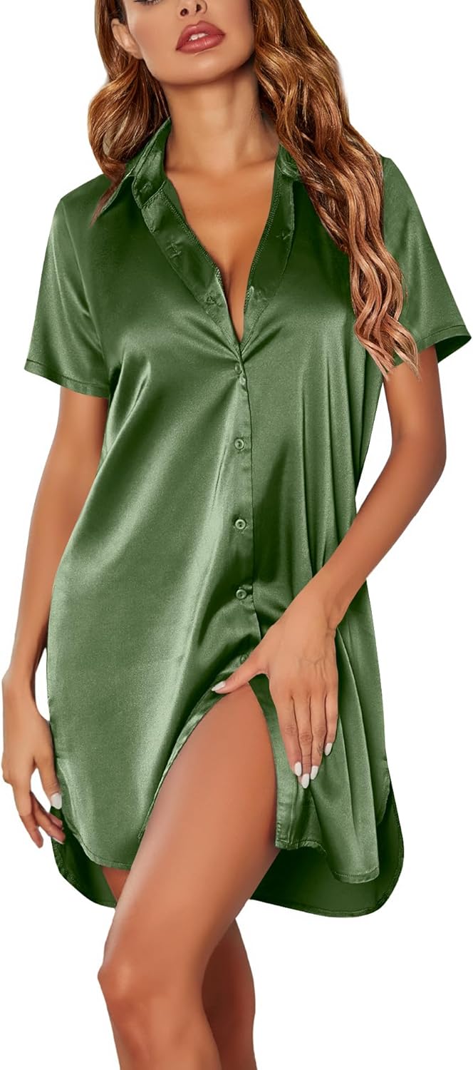 Ekouaer Satin Nightshirt for Women Button Down Nightgown Silk Short Sleeve Sleepshirt Notch Collar Sleepwear S-3XL