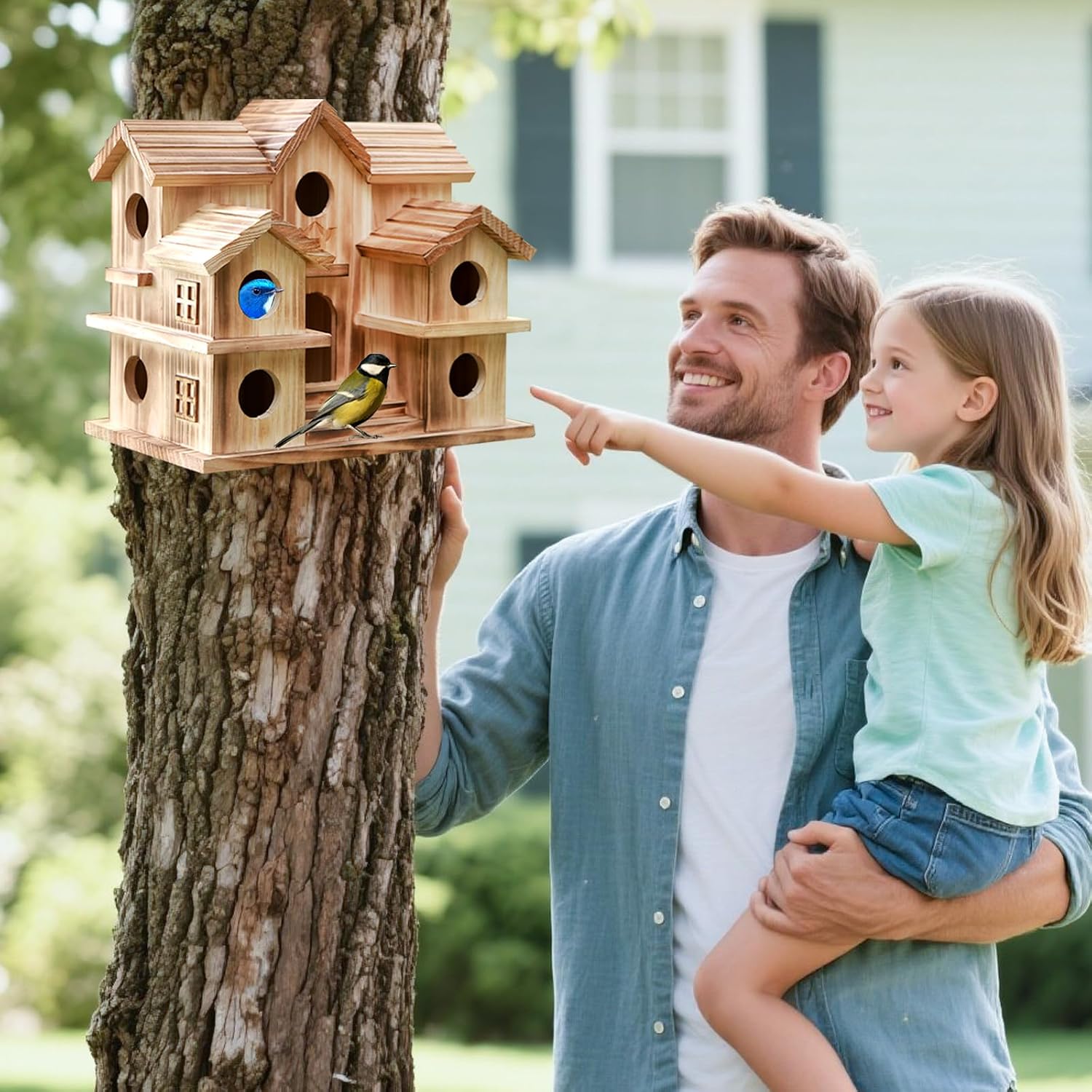 Large Bird House with 10 Holes - Handcrafted Wooden Martin House for Outdoor, Ideal for Purple Martins, Bluebirds, Finches, Cardinals, Sparrows, Chickadees