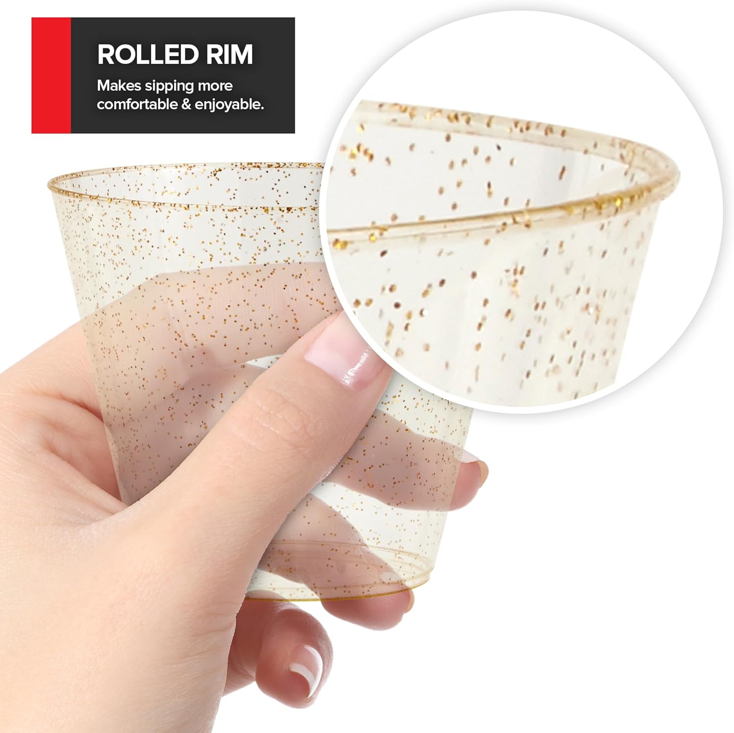 Stock Your Home 9oz Gold Glitter Plastic (50 Pack), Elegant Party Glasses for Birthdays, Weddings and Holidays, Fancy Disposable Cocktail, Clear and Gold, Bulk Wine and Mimosa - Image 5