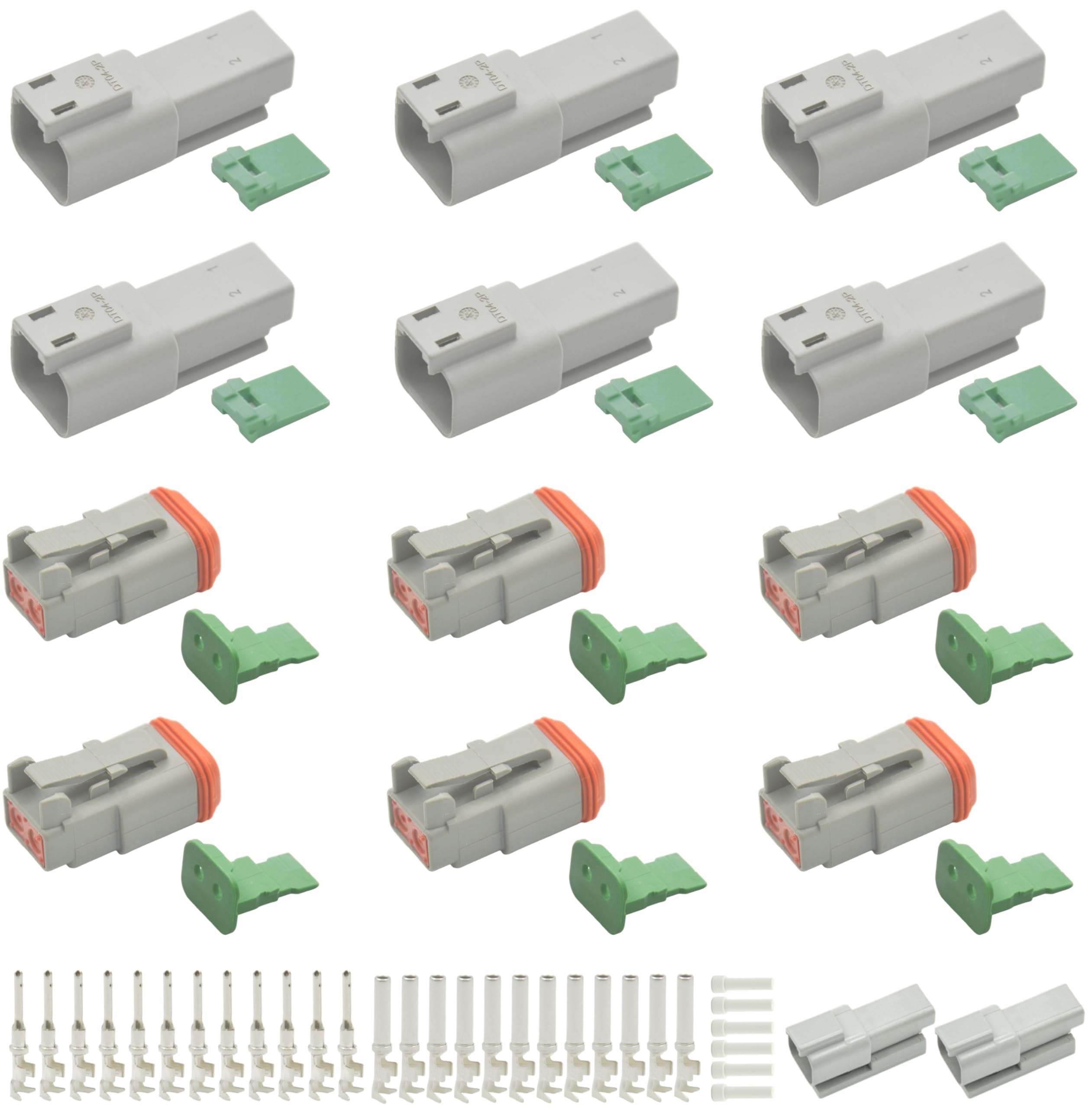 6 Set 2 Pin DT Waterproof Connector Automotive Electrical Butt, IP67 Waterproof Deutsch Connector Kit & 12 Pairs 16# Stamped Contacts (14-18AWG), 6 Pcs SealPlugs for Car Truck Boat (A 2PIN 56PCS)