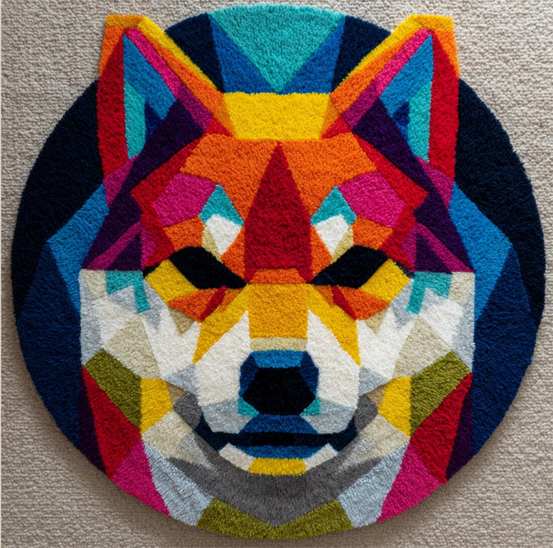 Rqwybcaxn DIY Latch Hook Rug Kit for the Elderly Animal Crochet Starter Kit Colorful Shiba Inu 100x100cm Round Pre-Printed Mesh Fabric Carpet Hallway Home Decor
