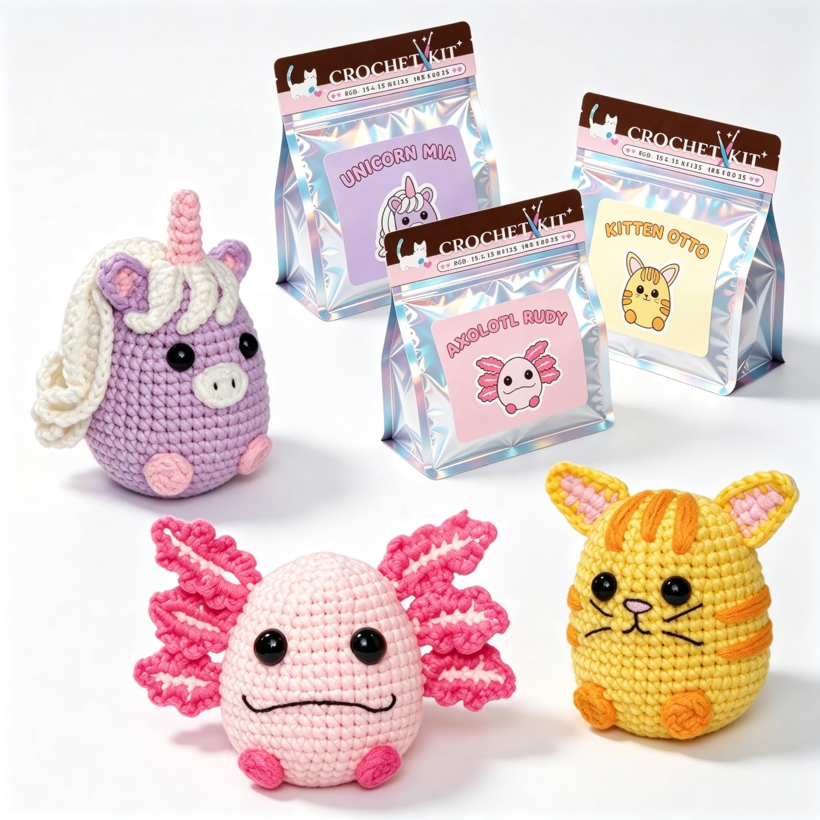 3-in-1 Crochet Kits for Beginners Adults, Amigurumi Animals Starter Crochet Set with Step-by-Step Video Tutorials, DIY Crafts for Adults & Knitting Kit Alternative (Make 3: Axolotl, Unicorn, Kitten)