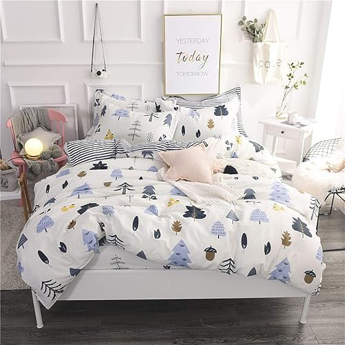 Abojoy Juego de funda de edredón con estampado de bosque para niños y niñas, juego de ropa de cama estampado de pinos y bosques, 100% algodón, 300