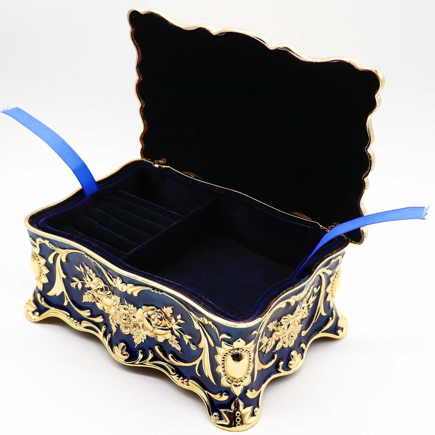 Luxury Vintage Rectangle Metal Alloy Jewelry Box Trinket Organizer Storage Box with Rose Pattern for Women, Girls, Two-Layer Design, Gold & Blue, Large