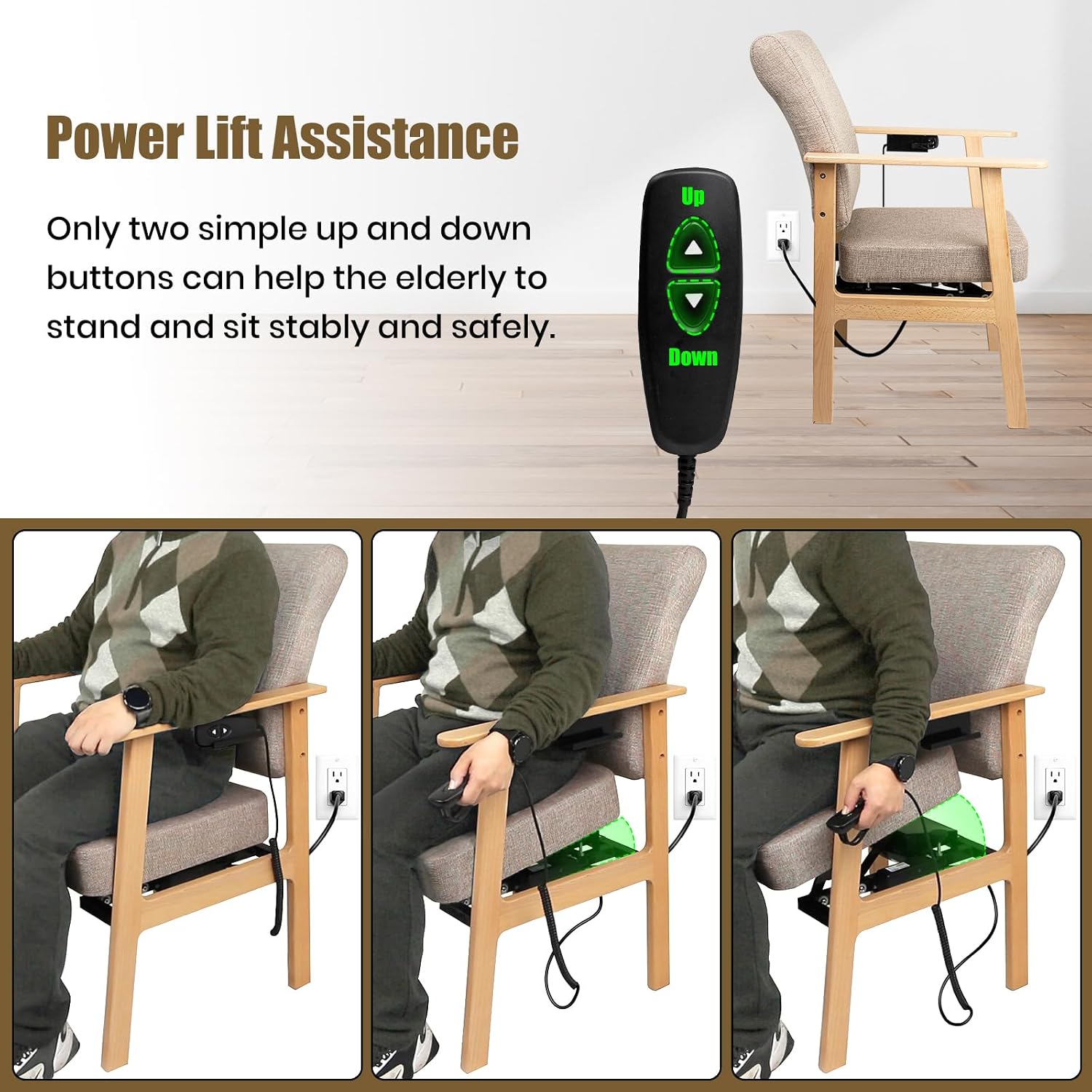 EasyVibe Wooden Power Lift Chairs for Elderly - Wood Power Lift Assist Office Chair, Accent Chair Lifts with Motor for Seniors, with Soft Fabric Cushion&Backrest, Small Sit to Stand Chair, Beige