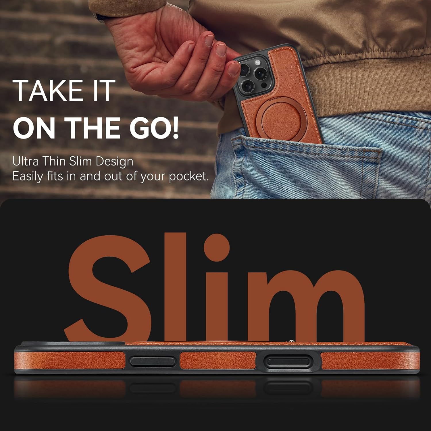 for iPhone 16 Pro Max Case with Stand Compatible with Magsafe Slim PU Leather & Rubber Drop Proof Magnetic Kickstand Protective Phone Cover with Tempered Glass Screen Protector 6.9", Brown - Image 5