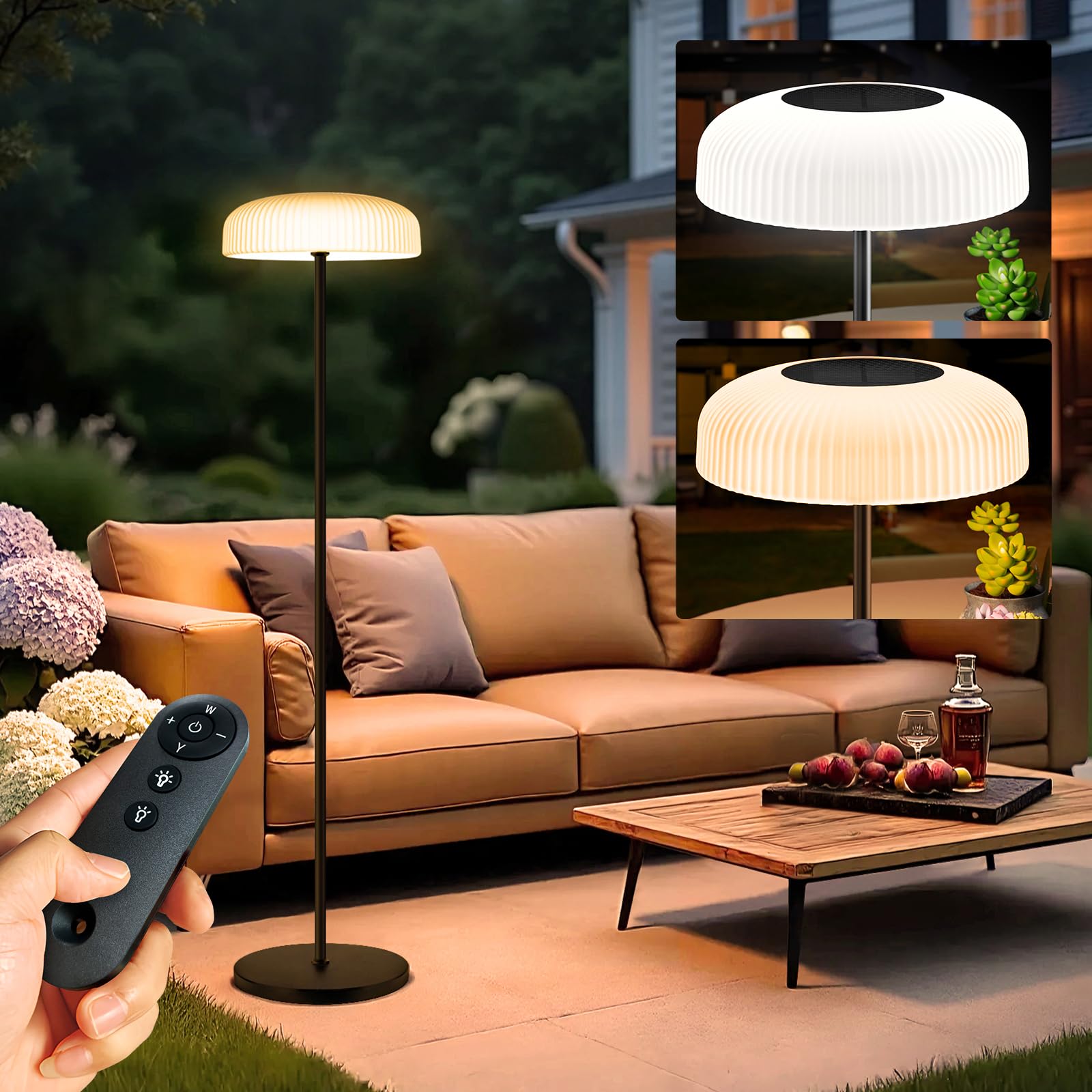 Lámpara Solar de Pie 150cm USB-C recargable, control por gestos, 10 brillos y 2 temperaturas (cálido/frío) IP65 resistente al agua – Jardín, terraza, camino
