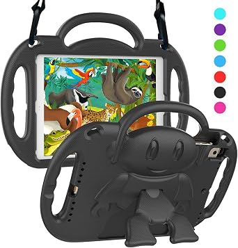 SUPLIK Kids Case for iPad 5th/6th Generation 9.7 inch, 2017/2018, iPad Air 1 & Air 2 & Pro 9.7 Case with Shoulder Strap Handle Stand for Apple iPad 5/6 & iPad Air 1st/2nd Gen, Black