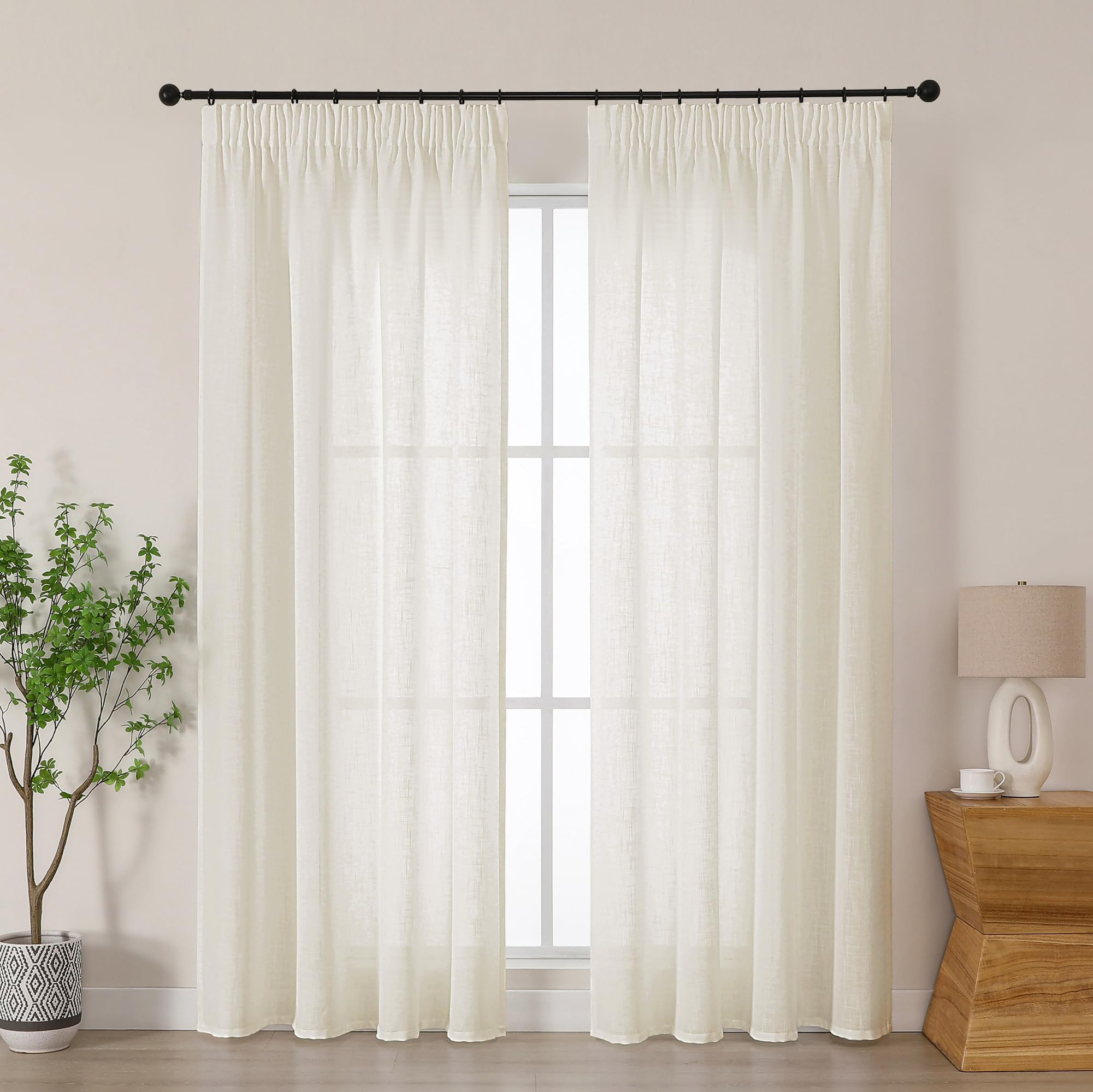 Simplebrand Natural Linen Blend Pencil Pleat Curtains, Light Filtering Semi-Sheer Textured Window Drapes for Privacy, 2 Panels for Bedroom, Living Room & Patio Door, W140 x L200 cm