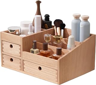 KIRIGEN Wooden Cosmetic Organizer Storage Cabinet Table Cosmetics Organizer Jewelry Storage Box 8 Compartments Makeup Display Box with 3 Drawers Natural Color