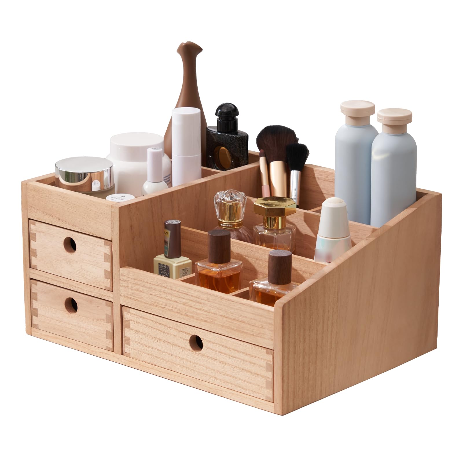 KIRIGEN armario organizador de maquillaje de madera mesa organizador de cosméticos joyero caja de almacenamiento 8 compartimentos caja expositora de maquillaje con 3 cajones color natural