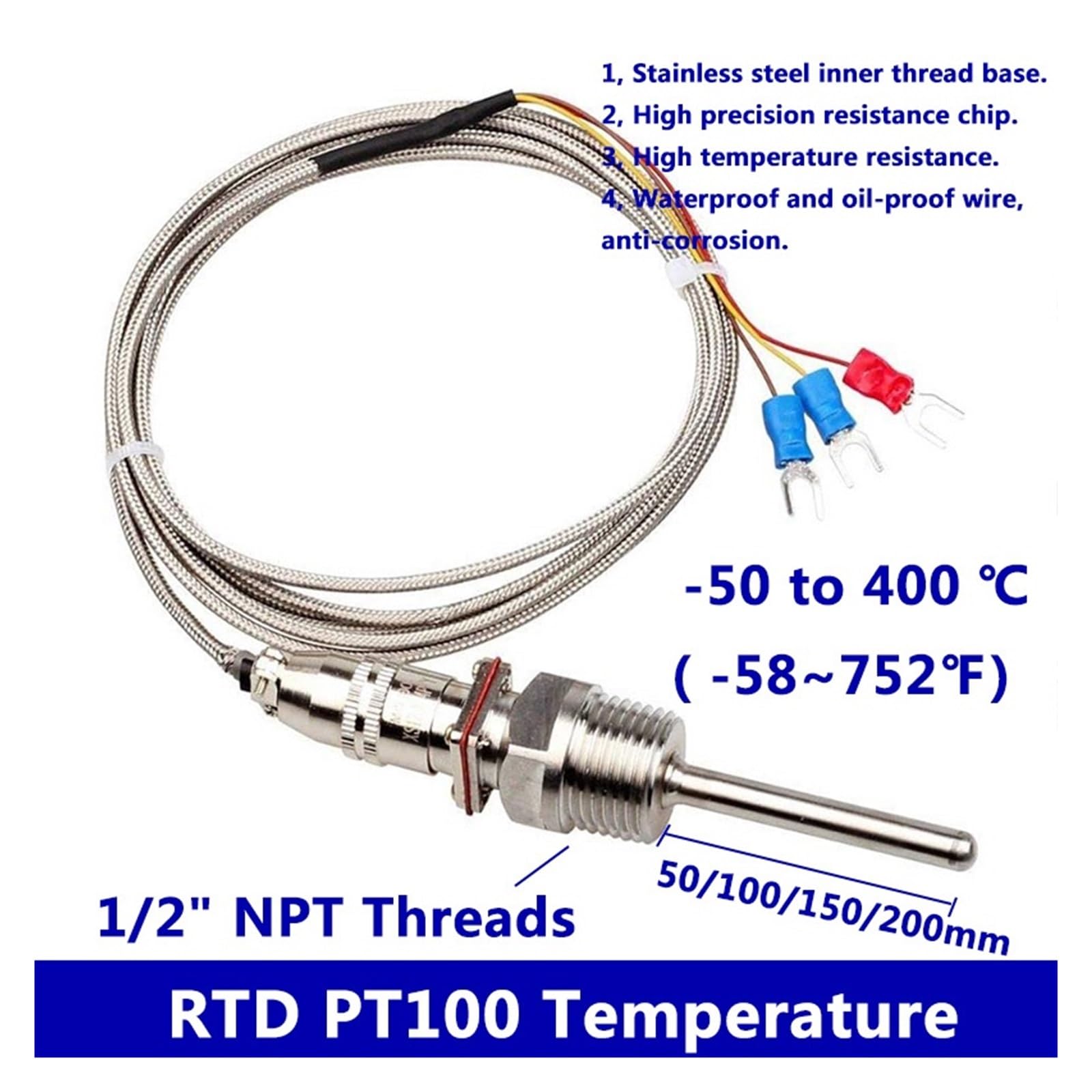 Czujnik temperatury RTD PT100 Sonda 50~200 mm Gwinty 1/2" NPT z kablem 1~5 m -58°F-572oF Wodoodporny i olejoodporny