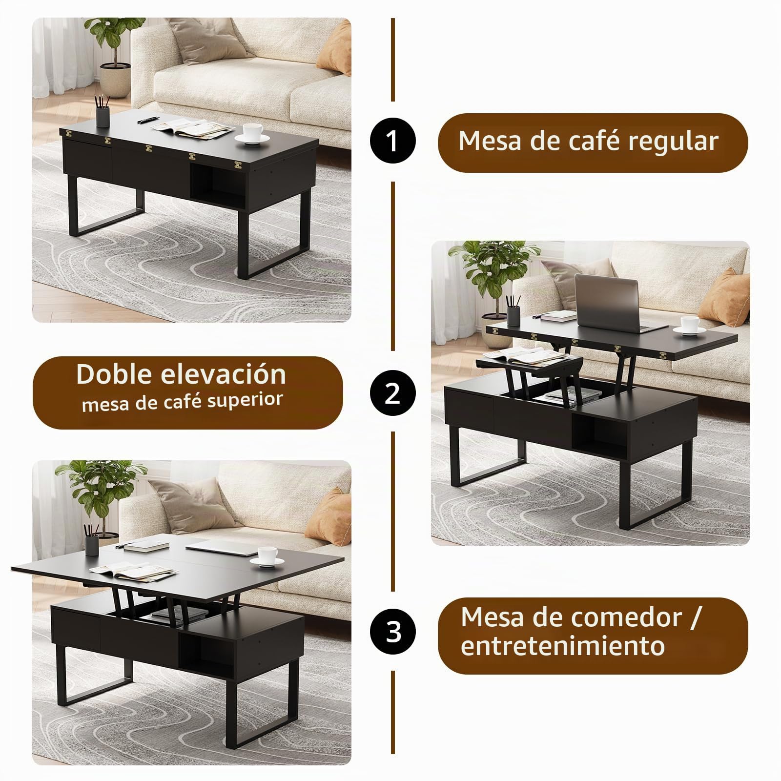 VOWNER Mesa de Centro de Altura Ajustable, Mesa de Salón Multifuncional 3 en 1 con 2 Cajones y Almacenamiento Oculto, se Puede Utilizar como Mesa de Comedor (Negro)