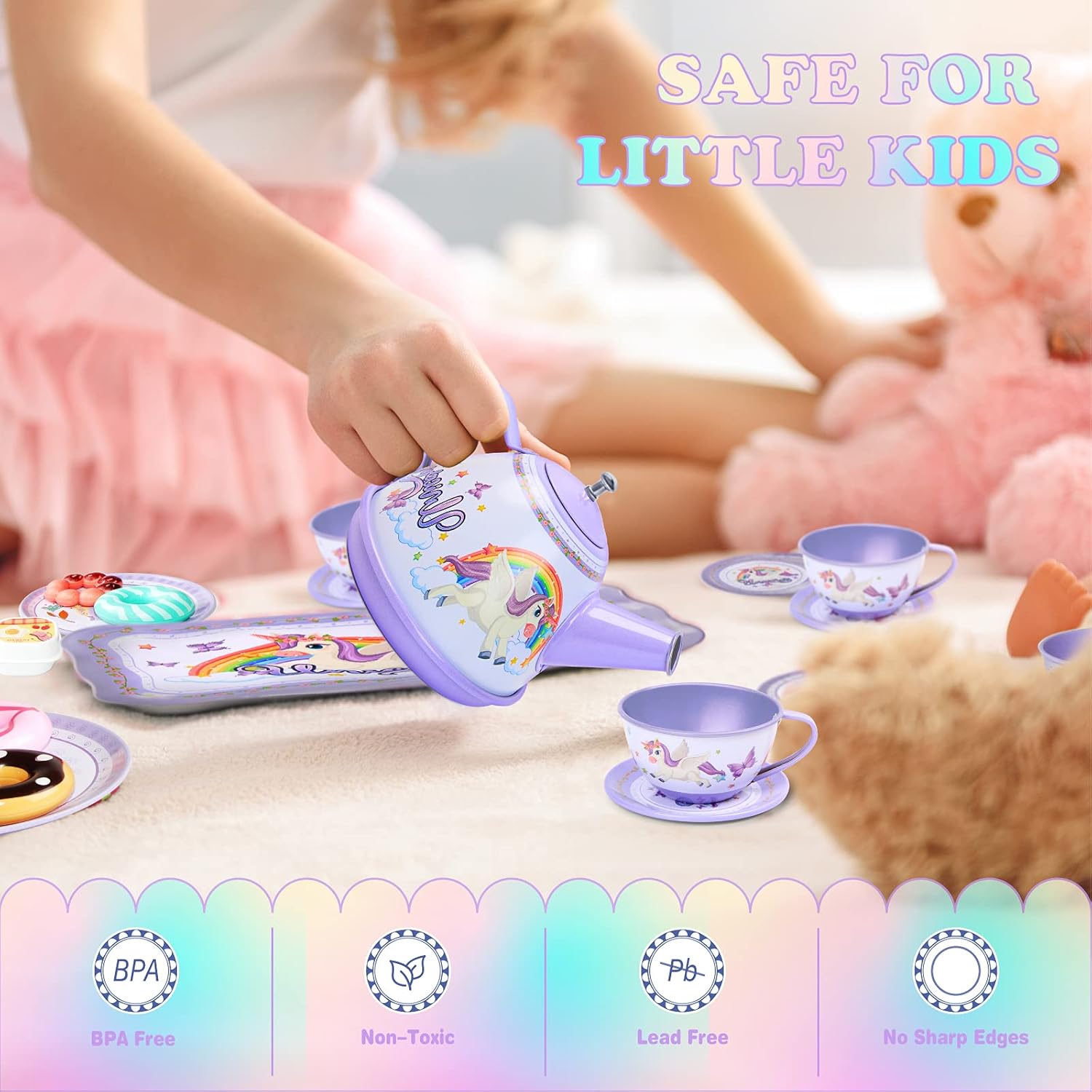 PP PICADOR Tin Tea Party Set for Little Girls, Unicorn Party Toys Teapot Set with Storage Case and Accessories Plates, Pretend Kitchen Play Princess Age 3 4 5 6 7 8(Purple) : Toys & Games