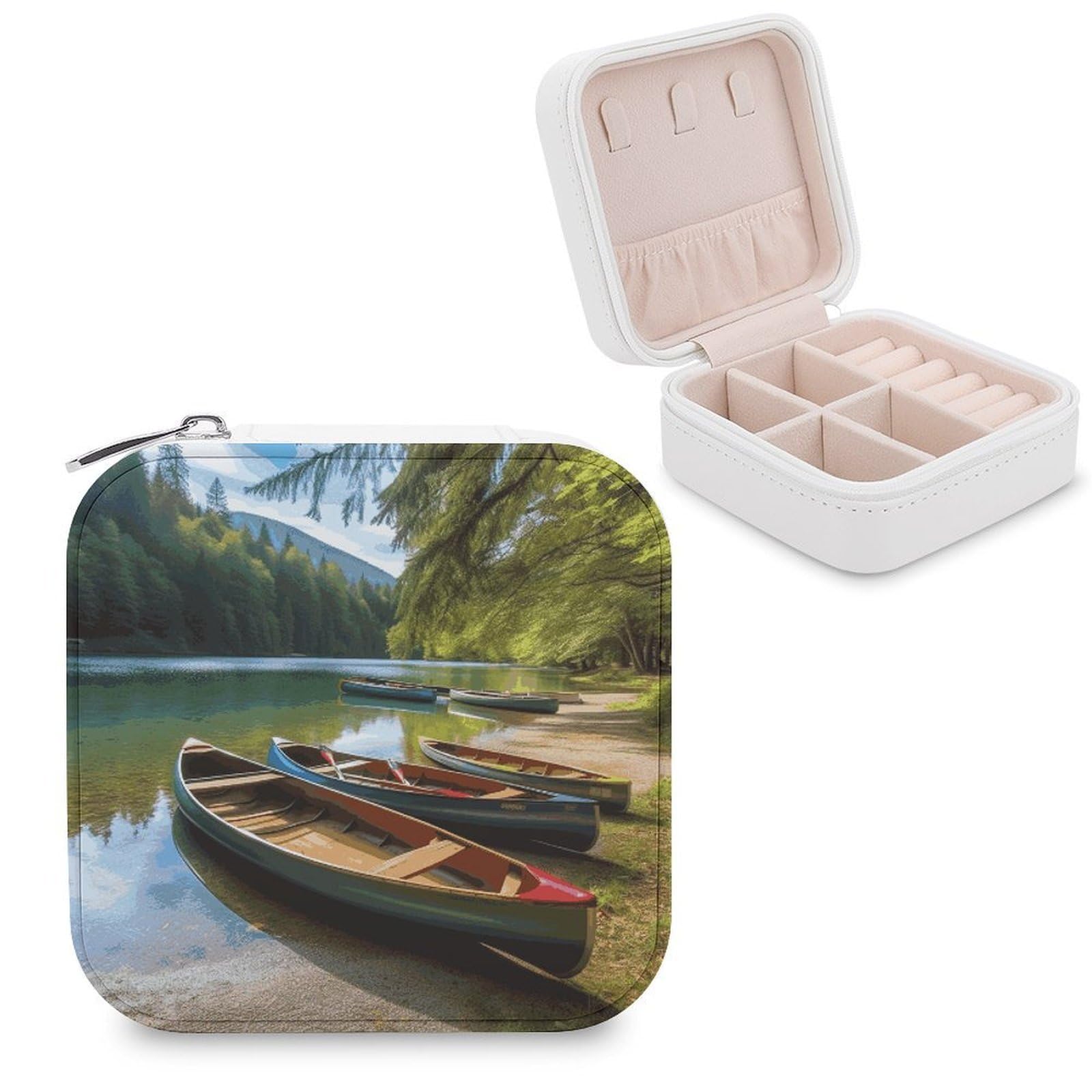JTREHY Lake with Boats Canoes Park Jewelry Box Personalized PU Jewelry Box Exquisite Jewelrys Organizer Case Small Portable Jewellery Storage Holder for Rings Earrings Necklaces Gifts