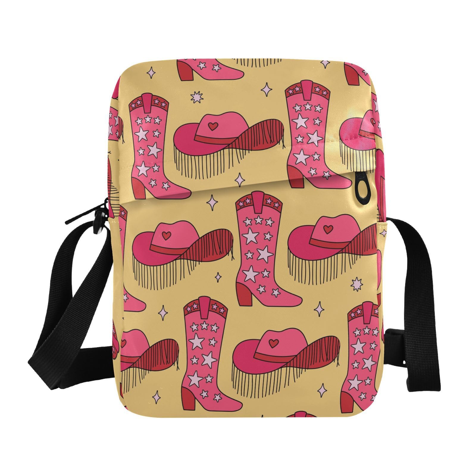 Small Crossbody Bag for Women Men, Retro Pink Cowboy Boots Messenger Bag Purse with Adjustable Strap, Hats with Stars Small Shoulder Bag for Travel Outdoor Sports