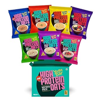 Yogabar High Protein Oats (Variety Pack of 7) | 26g Protein per Serve | Wholegrain Breakfast | Flavors: Korean Fire, Mum's Masala, Dark Chocolate, Fruit Nuts Seeds, Kesar Pista Kulfi, Banana Crème, Filter Kappi