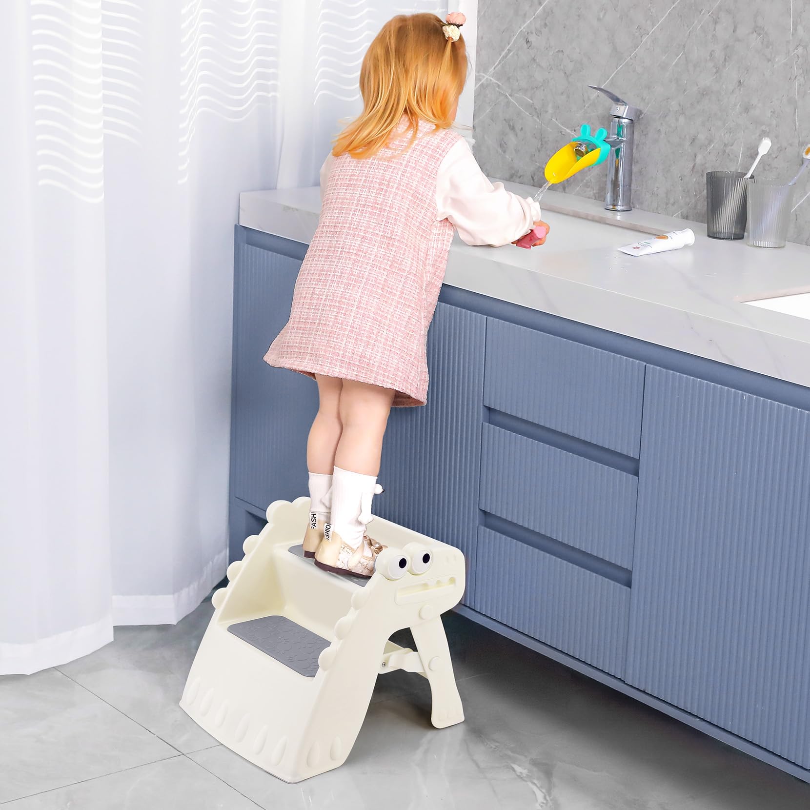 Marchepied Pliable pour Enfant, 2 marches, Antidérapant, Anti-basculement, Marche Enfant pour Salle de Bain et Cuisine (Crème)
