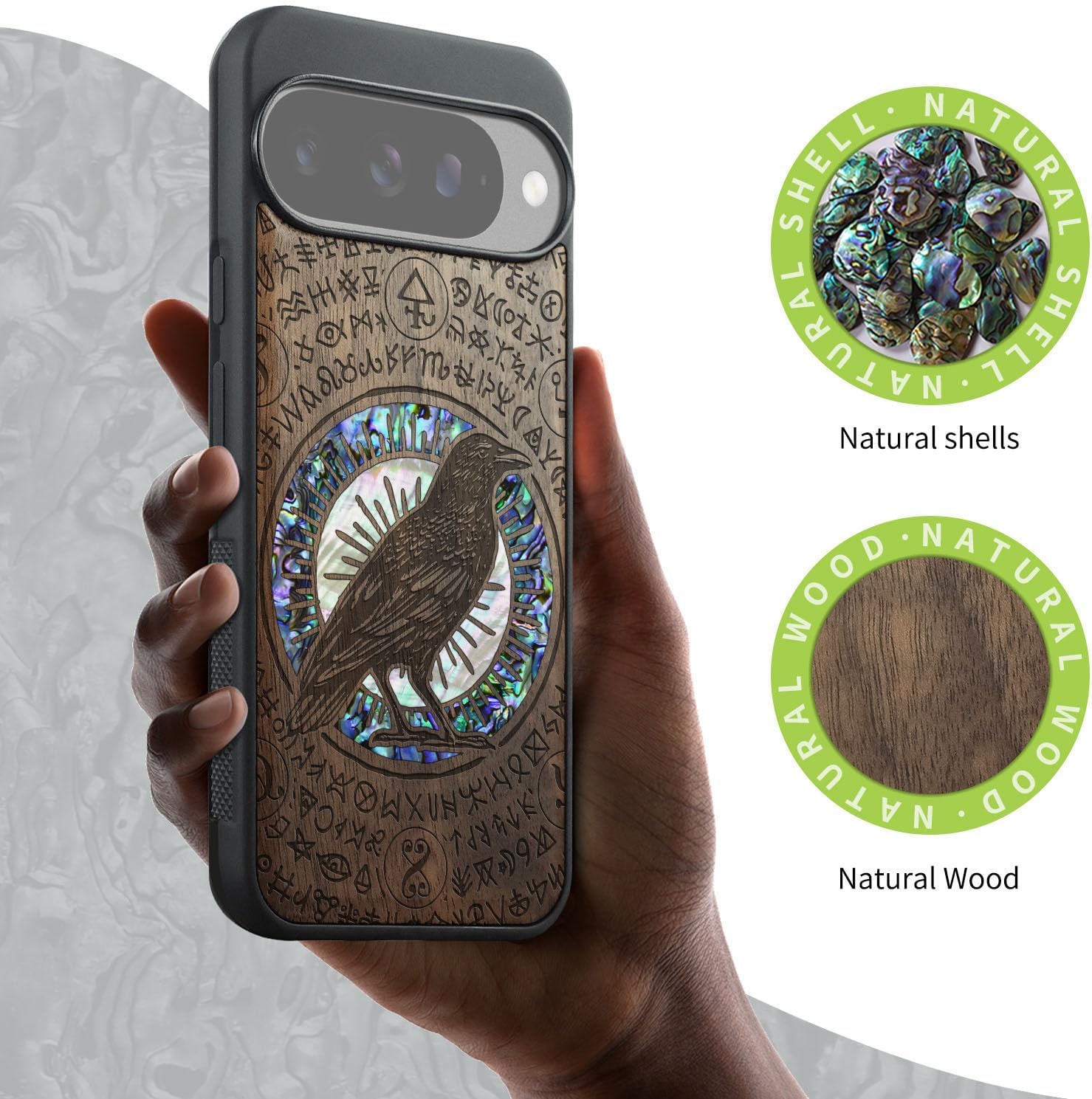 Carveit Magnetic Wooden Case for Google Pixel 10 Case, Wood Artisan Engraved & Handmade Shell Inlaid, Compatible with MagSafe Wireless Chargers, Haloed Crow - Walnut