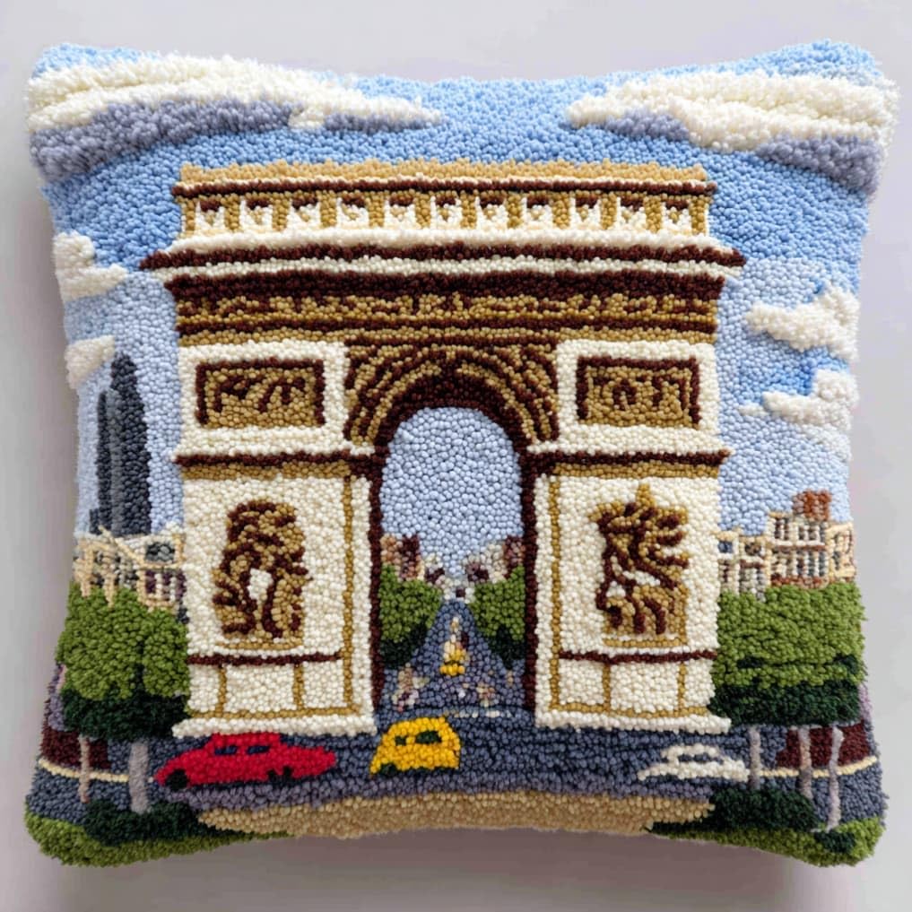 Taxpy Latch Hook Kits for Adults Beginners,Arc De Triomphe Architecture Pre-Printed Latch Hook Pillow Kit,Craft Rug Making Kits,DIY Embroidery Cushion for Home Sofa Decor & Gift Idea 17X17 in.
